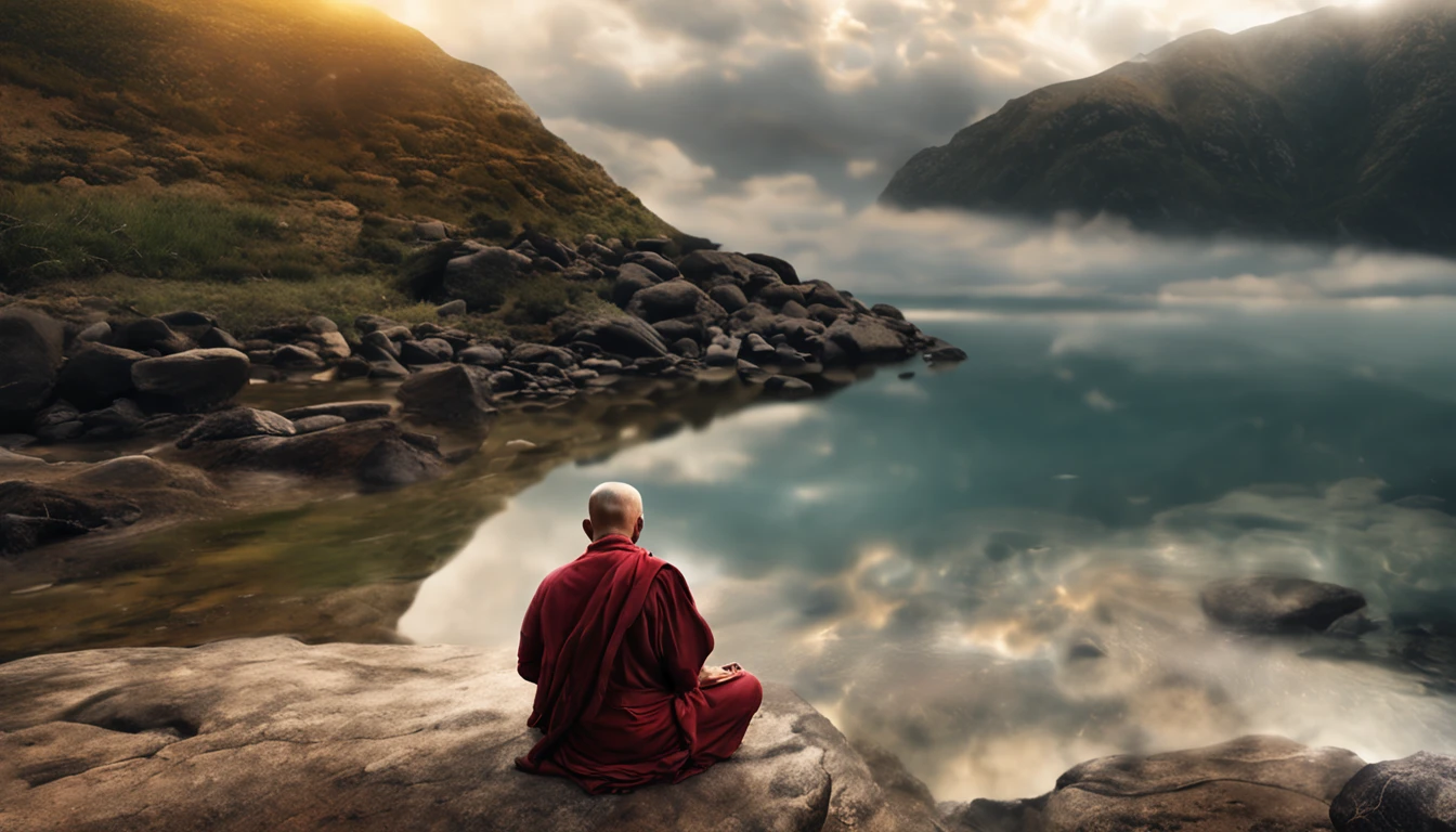 an old Buddhist monk in a red robe meditating serenely in Nepal on the shores of a lake located next to large snow-capped mountains, there's also a forest, all very soothing, there are also symbols of Buddhism like the lotus or the wheel of dharma, the colors are soothing and Zen, ultra-detailed skin BREAK best quality, deep shadows,  8k, dslr, Kodak ektar 100, Fujifilm XT3, F4, 1/800s, ISO 100, RAW