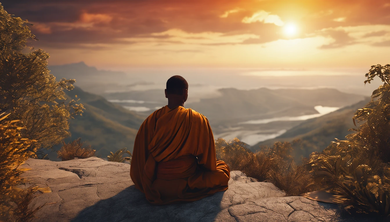 Mature monk sitting in meditation position, contemplando um horizonte lindo com o sol se pondo, Man is in deep connection with the divine, The landscape is ultra detailed, homem ultra realista, tudo bem detalhado e lindo, ultra qualidade. Realismo 8K
