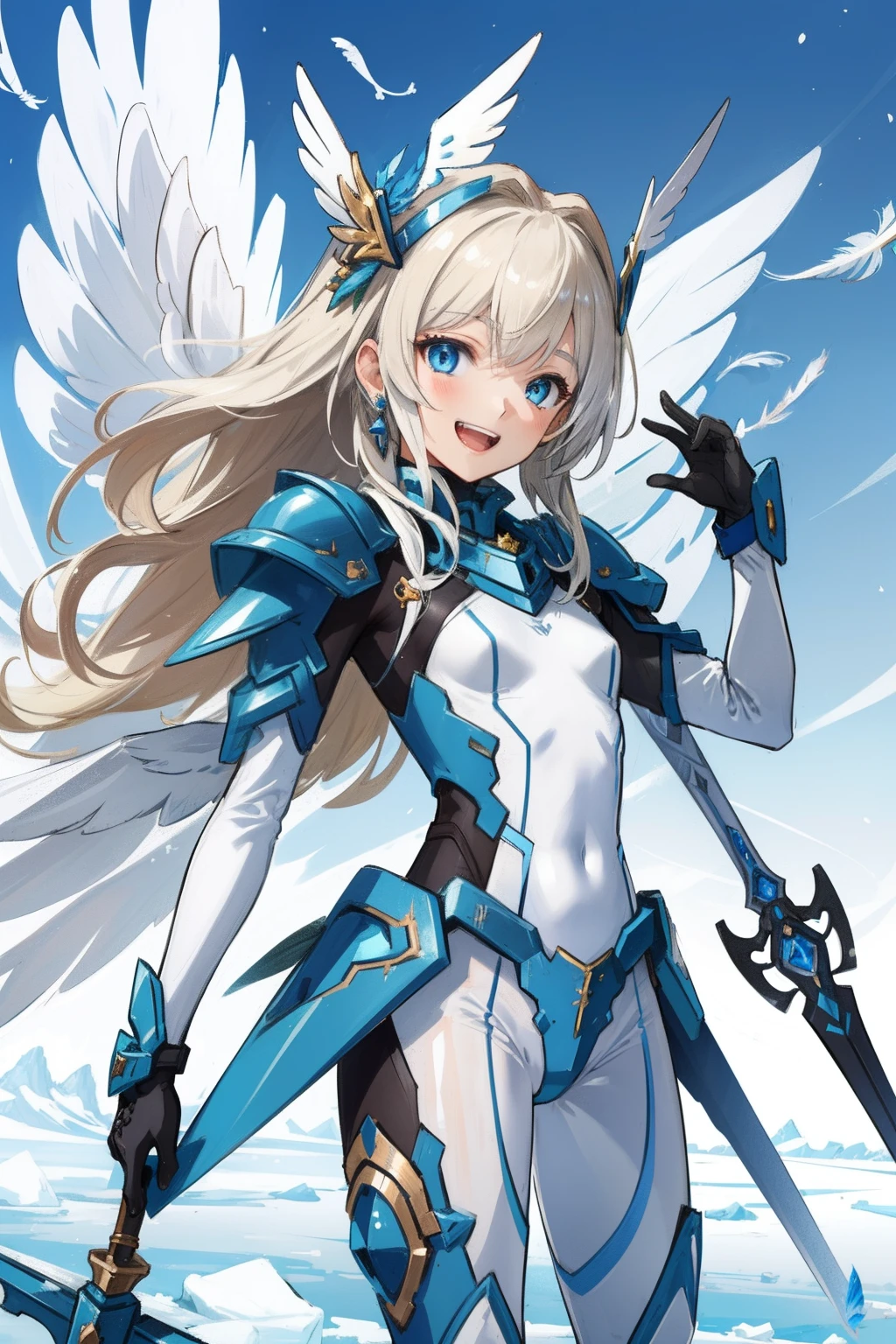 (master piece, Best Quality), Intricate details, valkyrie, kawaii, Happy, (((Laugh))), Villainous smile, Hand up, Looking at Viewer, Feather Headgear, Flower meadow, (((flat breast)))
1 girl in, Solo, Portrait, Plutinum Blonde Hair, drooping iceblue eyes, Silver Single Thigh, White Independent Single Sleeve, iceblue gloves, Single braid,
mecha musume, White bodysuit, Silver Reinforced Suit, Mini Feather Wings, iceblue pantyhose, full armor, flower decoration, equip sword,