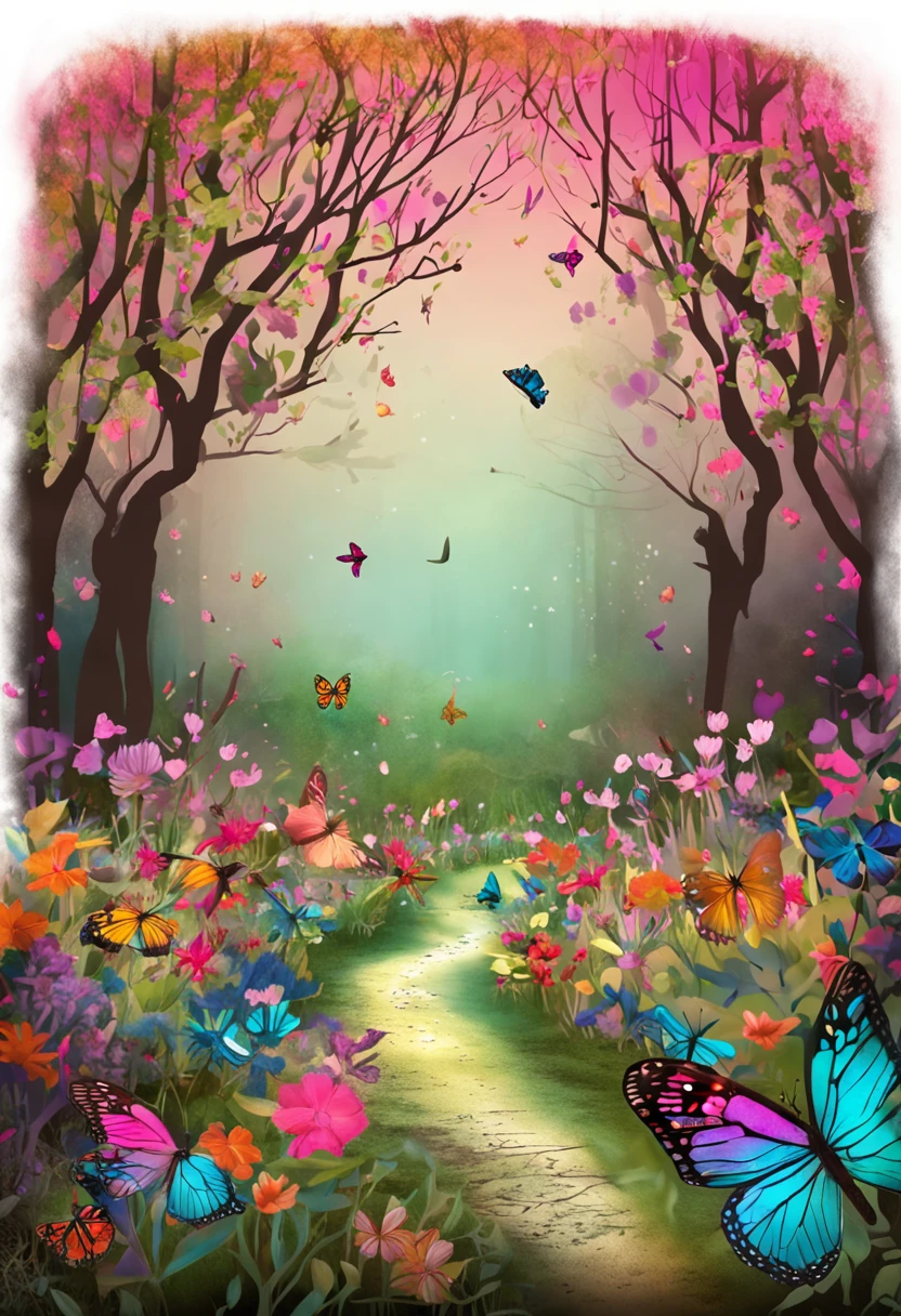 The scenery is filled with a path made of vibrant and diverse flowers. It is a magical forest with beautiful and delicate butterflies, in various sizes that are flying around it . As cores escolhidas para a capa emanam vivacidade, luminosidade, connection with nature and in the background begins to emerge soon dusk, There is a mystical and at the same time enchanting air. In this grove is a beautiful woman with long hair, rosto delicado, harmonioso e muito belo. The woman is in the center of the image and next to her many butterflies representing the transformation. in the woods there is a Jaguar; Aquarela; Pintura expressionista; bicho; floresta; qualidade
