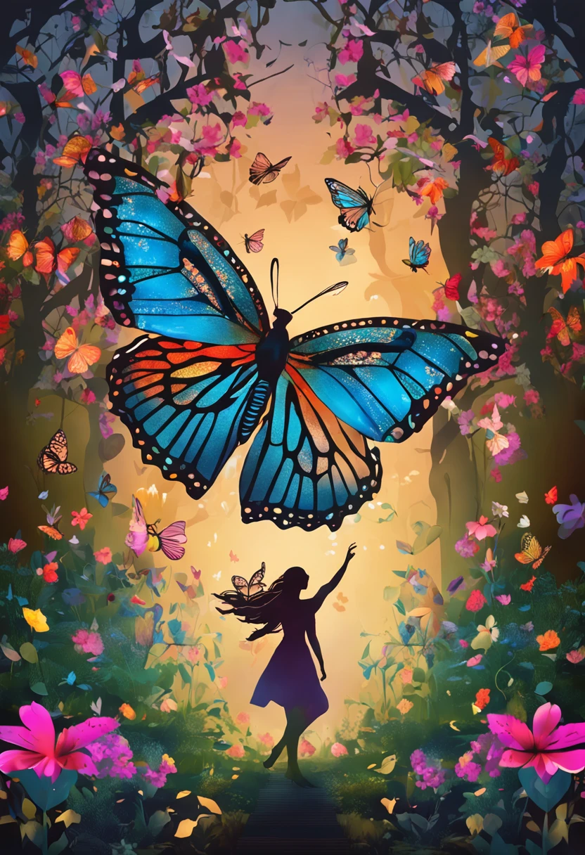 The scenery is filled with a path made of vibrant and diverse flowers. It is a magical forest with beautiful and delicate butterflies, in various sizes that are flying around it . As cores escolhidas para a capa emanam vivacidade, luminosidade, connection with nature and in the background begins to emerge soon dusk, There is a mystical and at the same time enchanting air. In this grove is a beautiful woman with long hair, rosto delicado, harmonioso e muito belo. The woman is in the center of the image and next to her many butterflies representing the transformation. in the woods there is a Jaguar; Aquarela; Pintura expressionista; bicho; floresta; qualidade