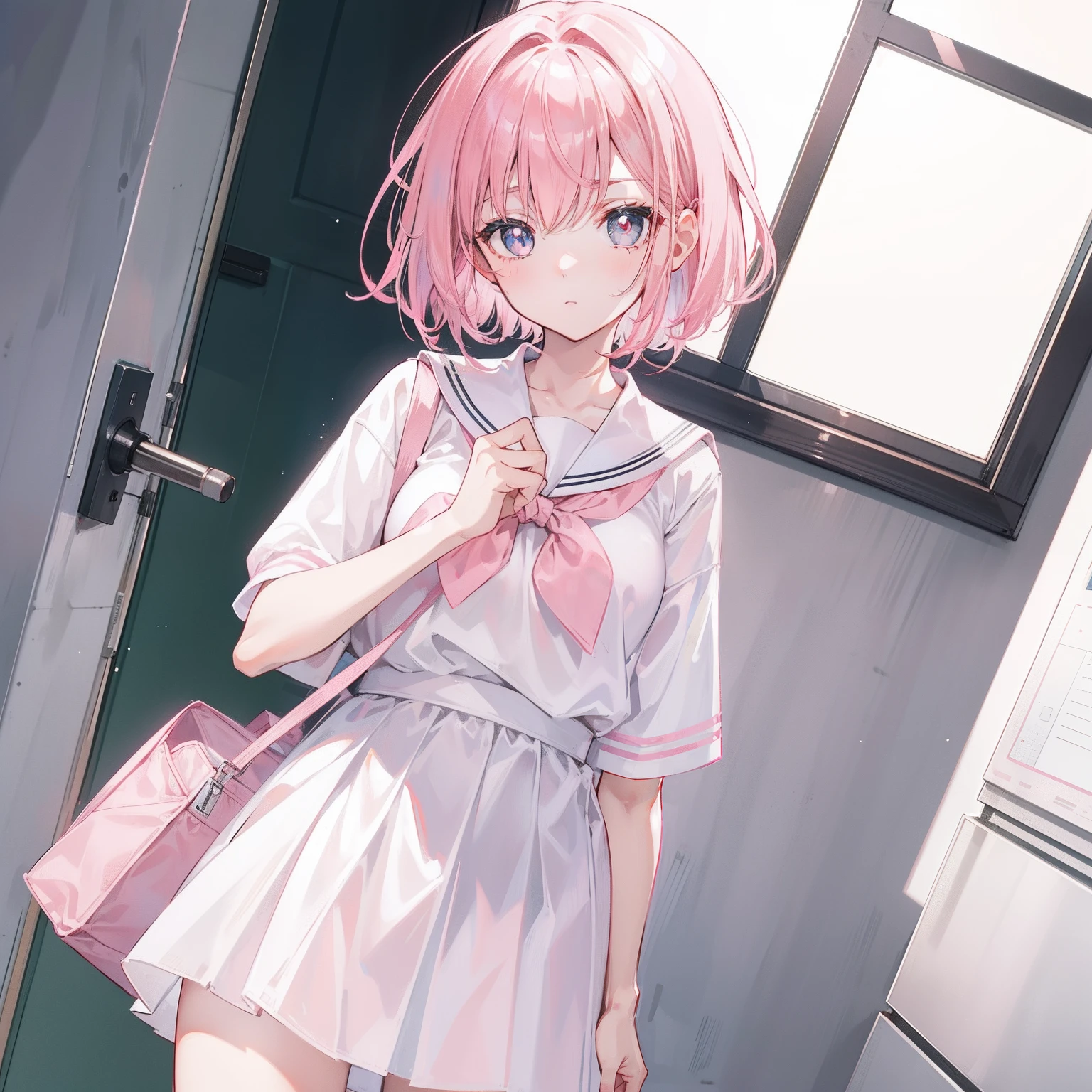 Short pink hair with a sense of transparency，Wearing a milky white ultra-light pink school uniform，Light pink pupils，Super cute sweet girl