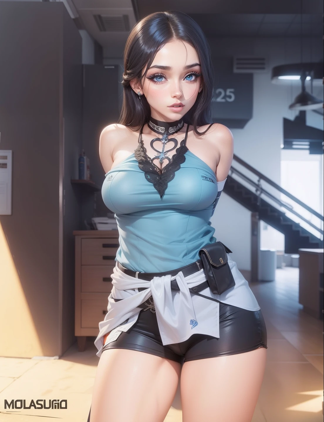 ((best qualtiy)), ((tmasterpiece)), (the detail:1.4), 。.3D, A beautiful cyberpunk female image,hdr(HighDynamicRange),Ray traching,NVIDIA RTX,Hyper-Resolution,Unreal 5,Subsurface scattering、PBR Texture、post-proces、Anisotropy Filtering、depth of fields、maximum definition and sharpness、Many-Layer Textures、Albedo e mapas Speculares、Surface coloring、Accurate simulation of light-material interactions、perfectly proportioned、rendering by octane、Two-colored light、largeaperture、Low ISO、White balance、the rule of thirds、8K raw data、(Skinny denim shorts and skinny sports vest:1.3),(large tities:1.3)exposed