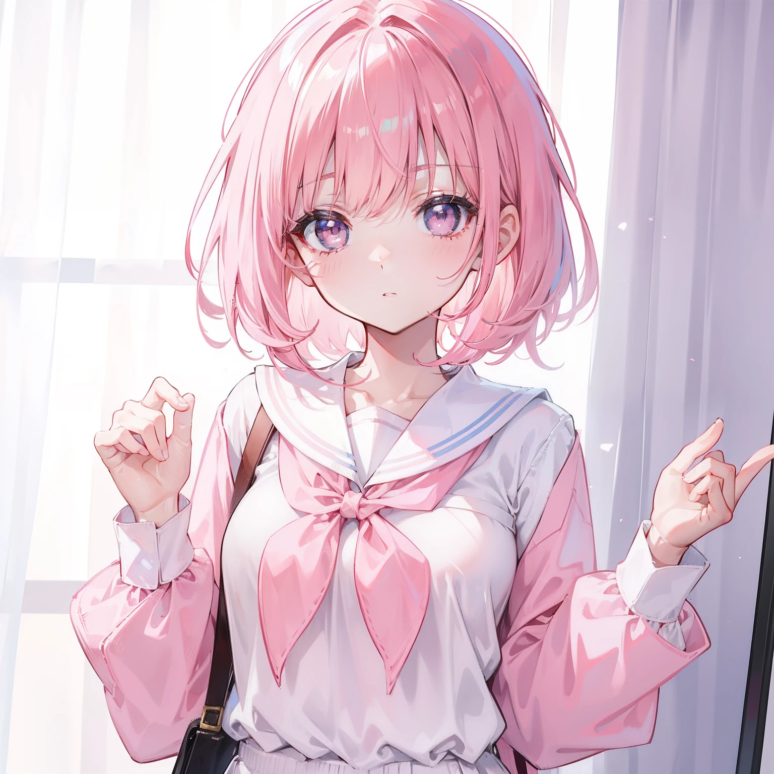 Short pink hair with a sense of transparency,Wearing a milky white ultra-light pink school uniform,Light pink pupils,Super cute sweet girl