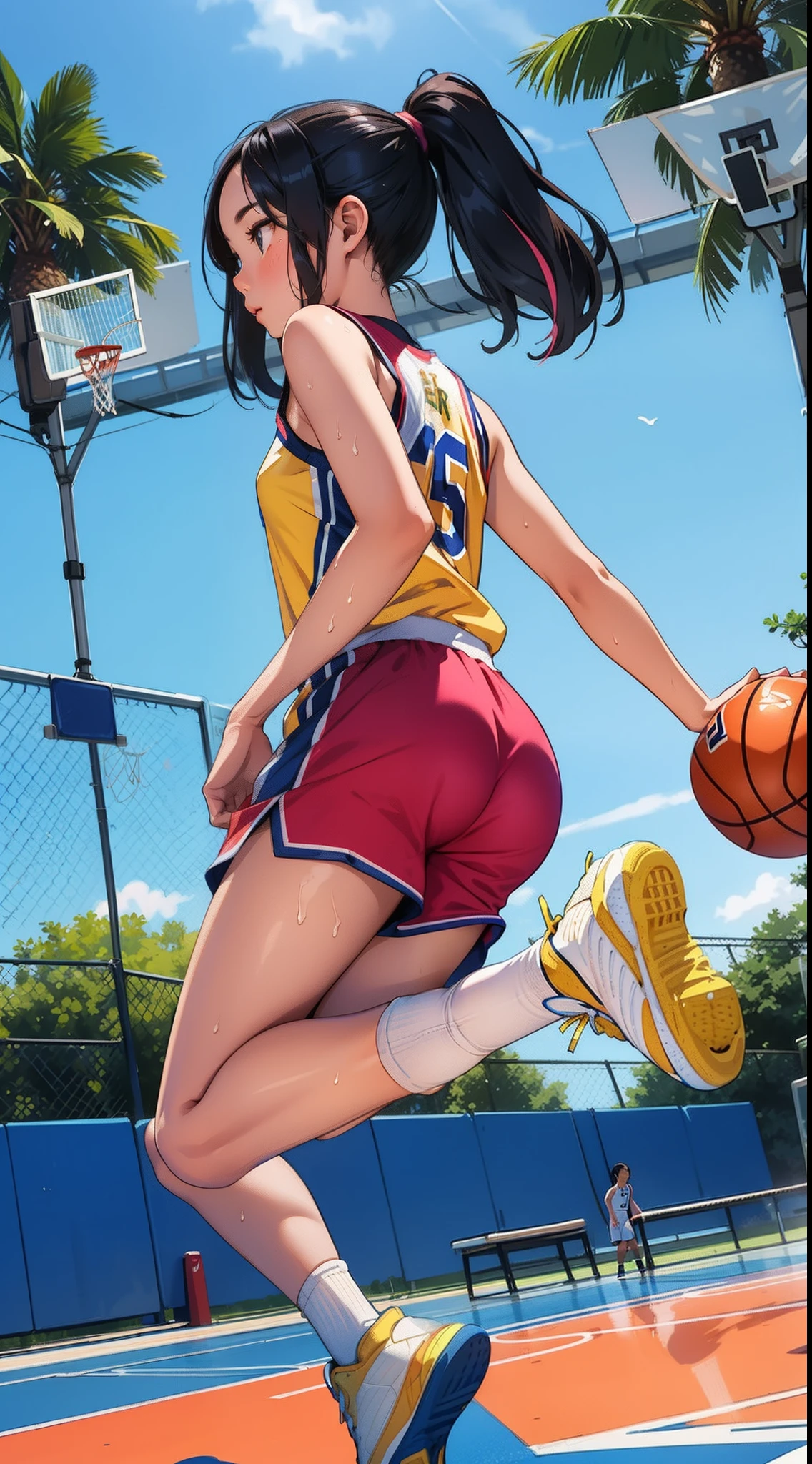 masterpiece,ultra-detailed,ultra quality, illustration, ,simple eyes, beauty face, cute face, colorful hair, 1girl,basketball player,basketball uniform,(basketball court),sweaty skin,(full body),from behind,(jump:1.3)