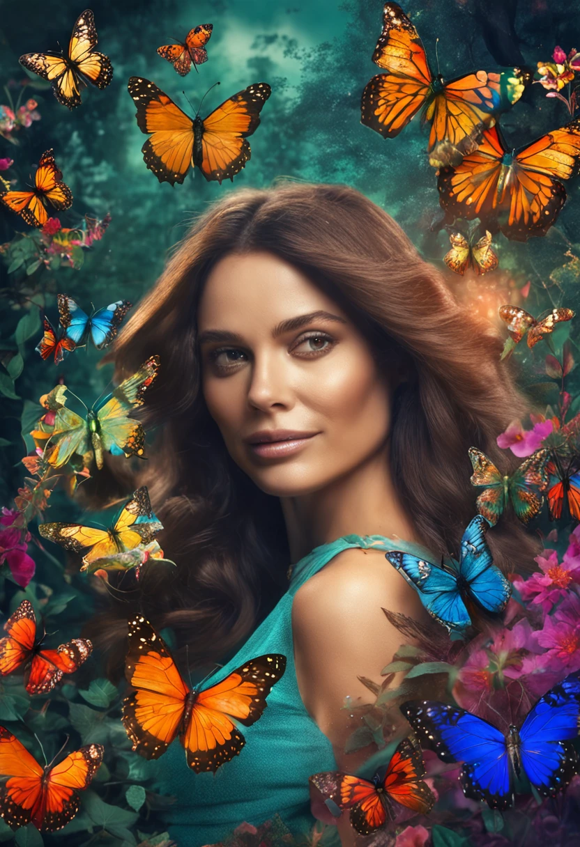 The scenery is filled with a path made of vibrant and diverse flowers. It is a magical forest with beautiful and delicate butterflies, in various sizes that are flying around it . As cores escolhidas para a capa emanam vivacidade, luminosidade, connection with nature and in the background begins to emerge soon dusk, There is a mystical and at the same time enchanting air. In this grove is a beautiful woman with long hair, rosto delicado, harmonioso e muito belo. The woman is in the center of the image and next to her many butterflies representing the transformation. in the woods there is a Jaguar; Aquarela; Pintura expressionista; bicho; floresta; qualidade