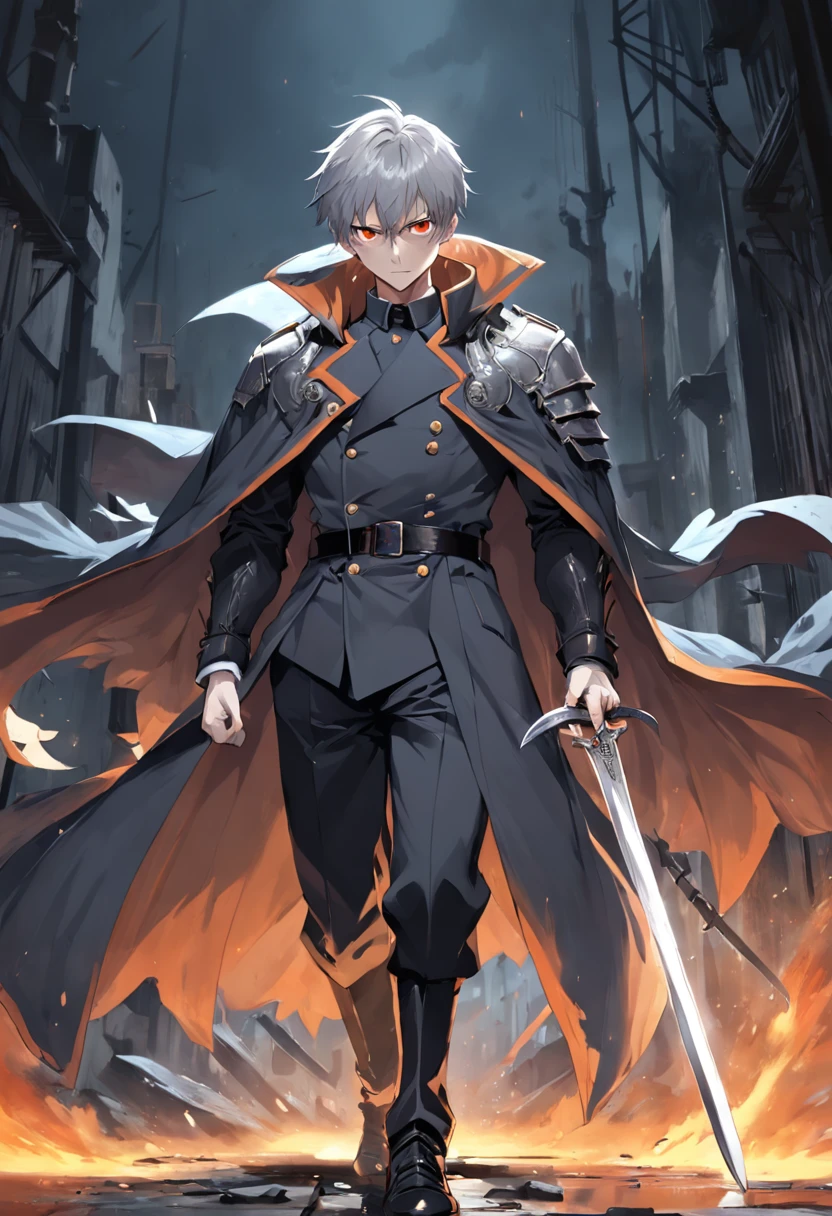 1 man, , muscular, 1.65 height, gray hair with white streaks, orange eyes, Victorian trench coat, cape, armor, dark clothes, the sword kills dragons