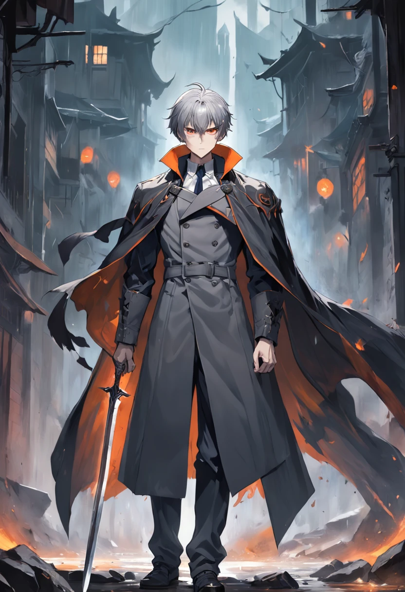 1 man, 17 years old, muscular, 1.65 height, gray hair with white streaks, orange eyes, Victorian trench coat, cape, armor, dark clothes, the sword kills dragons