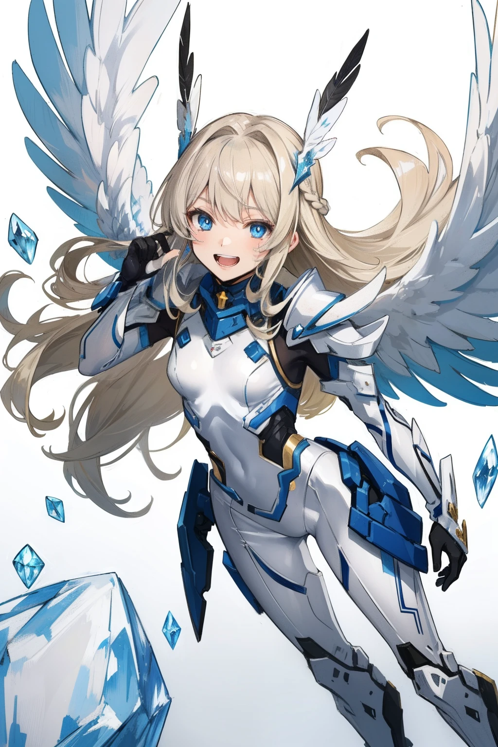 (master piece, Best Quality), Intricate details, valkyrie, kawaii, Happy, (((Laugh))), Villainous smile, Hand up, Looking at Viewer, Feather Headgear, Flower meadow, (((flat breast)))
1 girl in, Solo, Portrait, Plutinum Blonde Hair, drooping iceblue eyes, Silver Single Thigh, White Independent Single Sleeve, iceblue gloves, Single braid,
mecha musume, White bodysuit, Silver Reinforced Suit, Mini Feather Wings, iceblue pantyhose, full armor, flower decoration, equip sword,