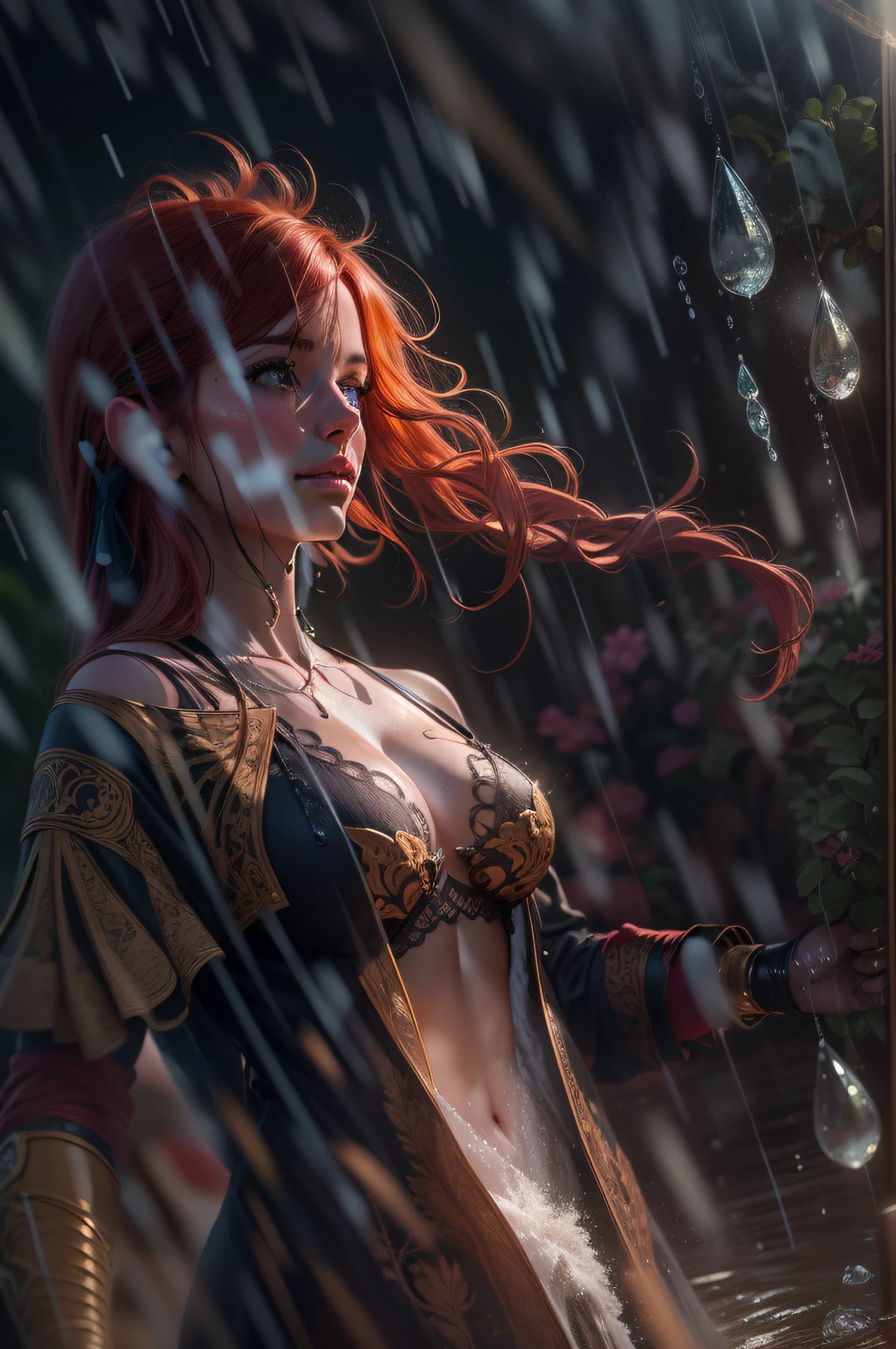 A naked fury Amazon, professional photography, natural lighting, volumetric lighting maximalist photo illustration 8k resolution concept art intricately detailed, complex, elegant, expansive, fantastical, realistic beauty, long red hair, unique eyes, natural beauty, forest, feminine, rain, river bank, sultry beauty, professional portrait, abstract beauty. super detailed photography, Play of light in the sun rain, downpour, ((a drop of water falling from a height onto the surface of the water)), splashes, luminism, intricate, 4k concept art volumetric light, unrealistic engine, global illumination, detailed environment.