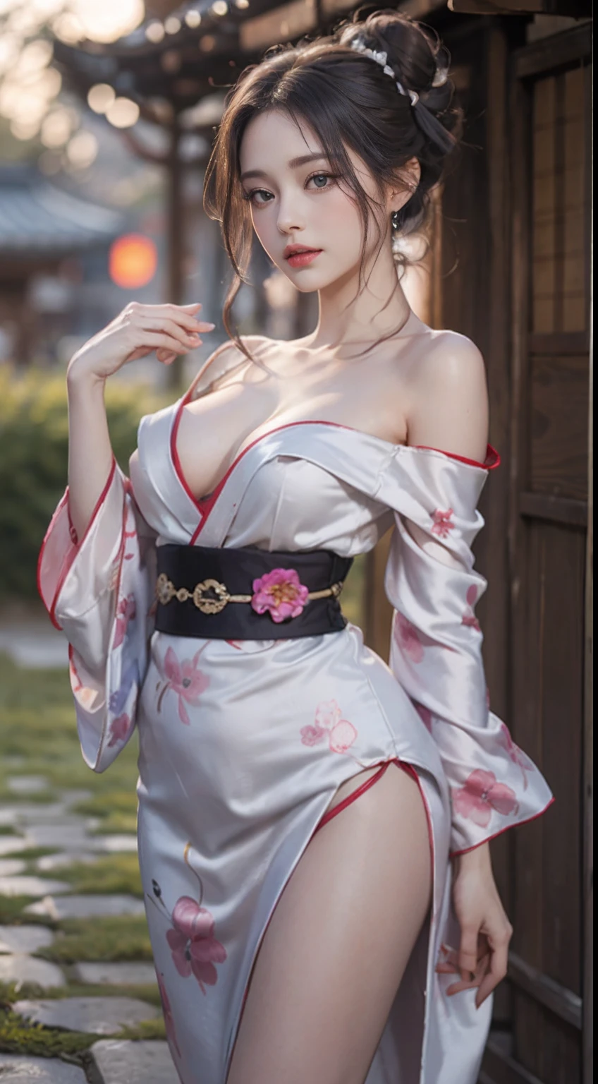 pond, Architecture of feudal Japan, Female, Woman, Sensual milf, Erotic, view the viewer, romantic, Loving, affectionate, face to the viewer, Colorful, Long hair, (Comb your hair into a perfect bun:1.3), (Asian:1.3), hair pin, shairband, bow ribbon, Twilight Blue, gleaming silver, Galaxy Purple, Black velvet, Sakura Park, The cherry tree, Pink petals, Outdoors, Standing, (Covering the chest:1.4), (hand on the breasts:1.3), (Sunset, Dusk:1.25), (Silk kimono robe:1.5), (sash:1.3), (Bare shoulders:1.4), (No shoulder strap:1.3), (Delicate embroidery:1.1), Elegant, drape, (revealing:0.8), (Art by Noah Bradley:1.4), (hands on own breasts:1.3), (Adult:1.4), Petite, Slim waist, Small breasts, FC Heat Portrait, (medium shot:1.3), Disturbance, risk, thin and light, scantily clad, cleavage, (grabbing her own breasts:1.3), (masutepiece:1.2), Subsurface scattering, heavy shadow, (High quality:1.4), Golden ratio, (Convoluted, high detailing:1.2)