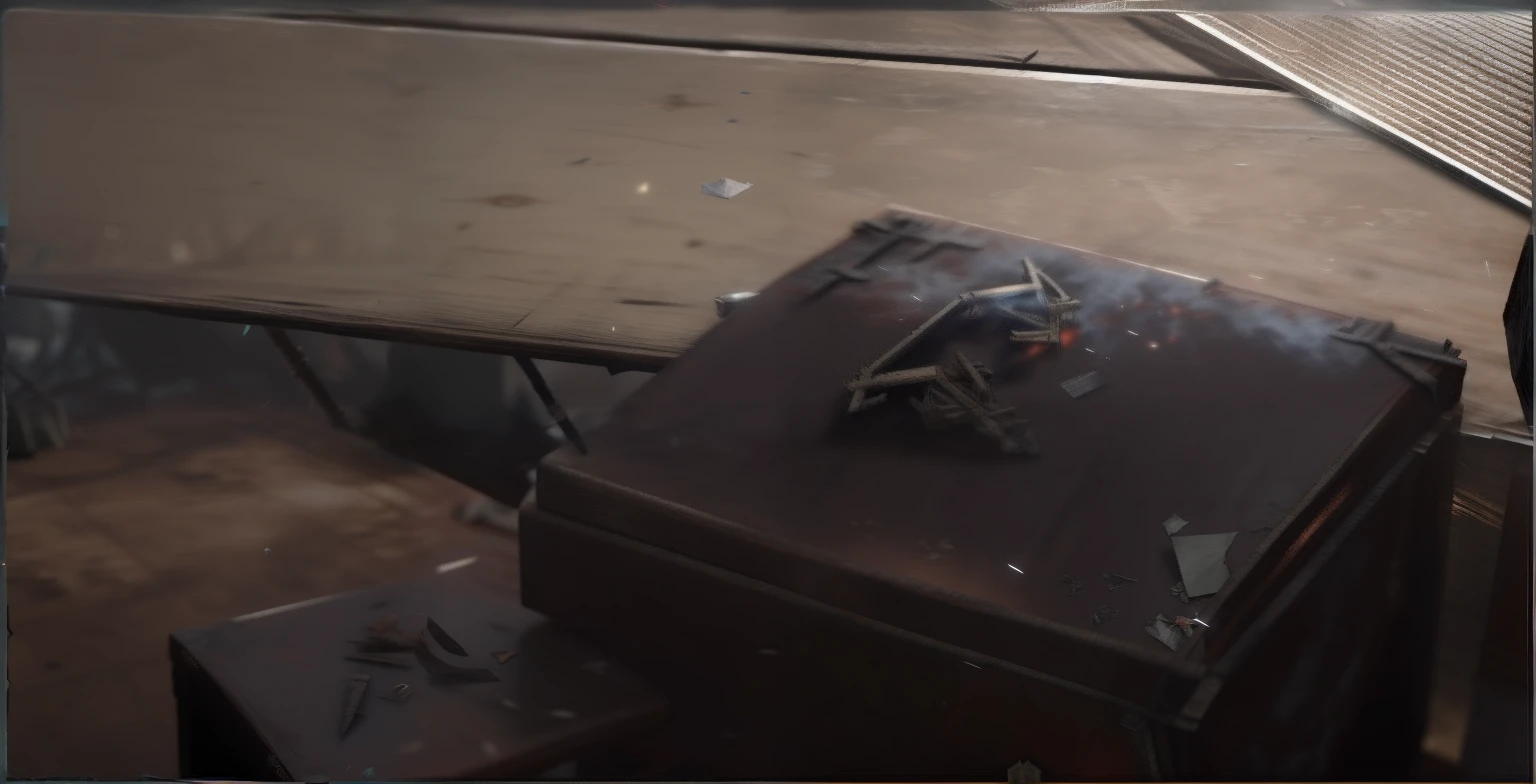 ray tracing, best quality, UHD, 4K,Old wooden box, Assassin's Creed 3, video game screenshot, 《Mafia 2》Screen clipping, amazing cgi, Scrap metal on the workbench, game footage, movie screen shot, Weapon damage, video game screenshot, game screenshot, damaged floor, , shack close up,