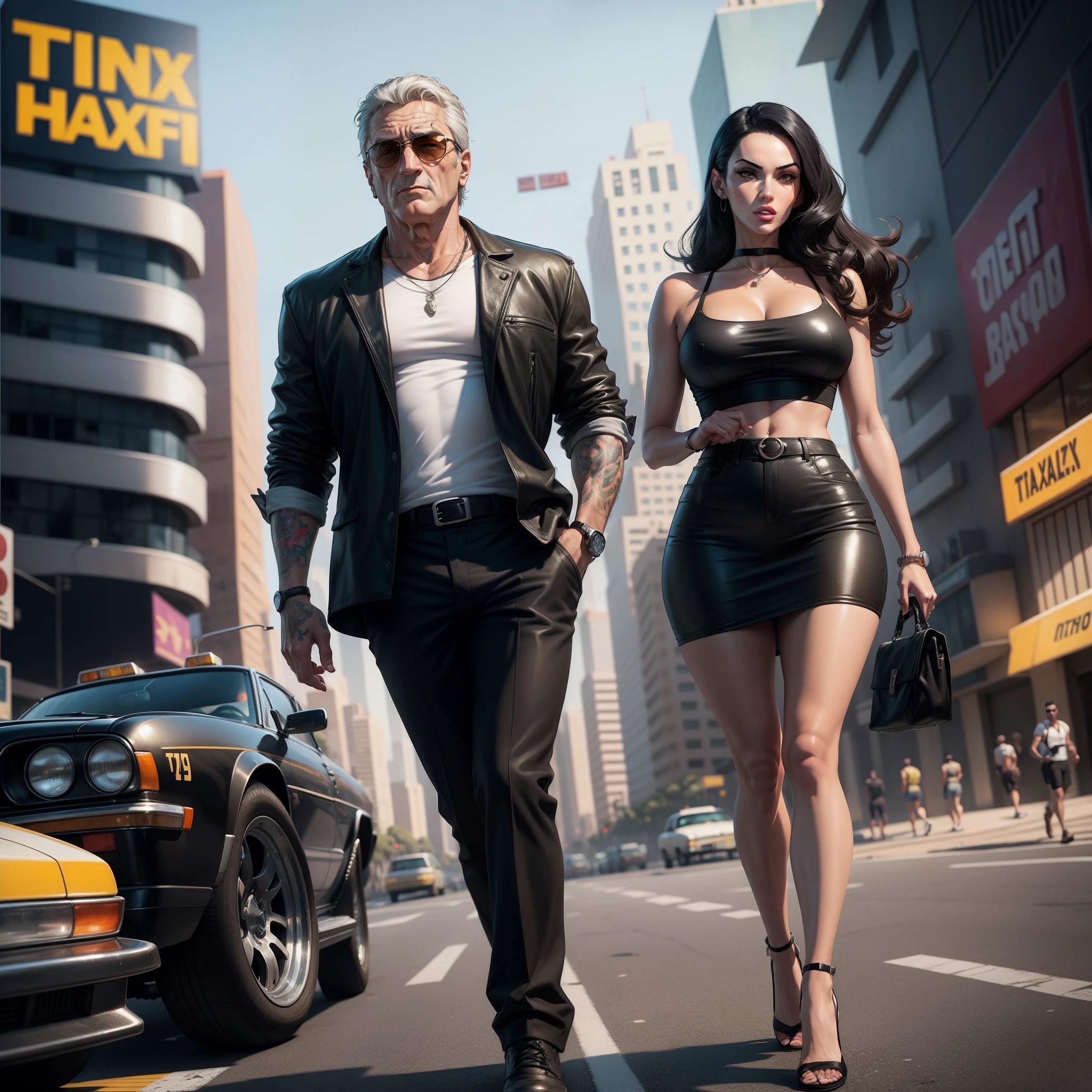 painting of a man Robert De Niro and woman Megan Fox walking down a street in front of a taxi, mafia background hyper detailed, gta vice city style art, 2d game art gta cover, gta 6 style, 2 d game art gta cover, style of gta v artworks, inspired by F Scott Hess, gta artstyle, inspired by Aniello Falcone, gta vice city art style