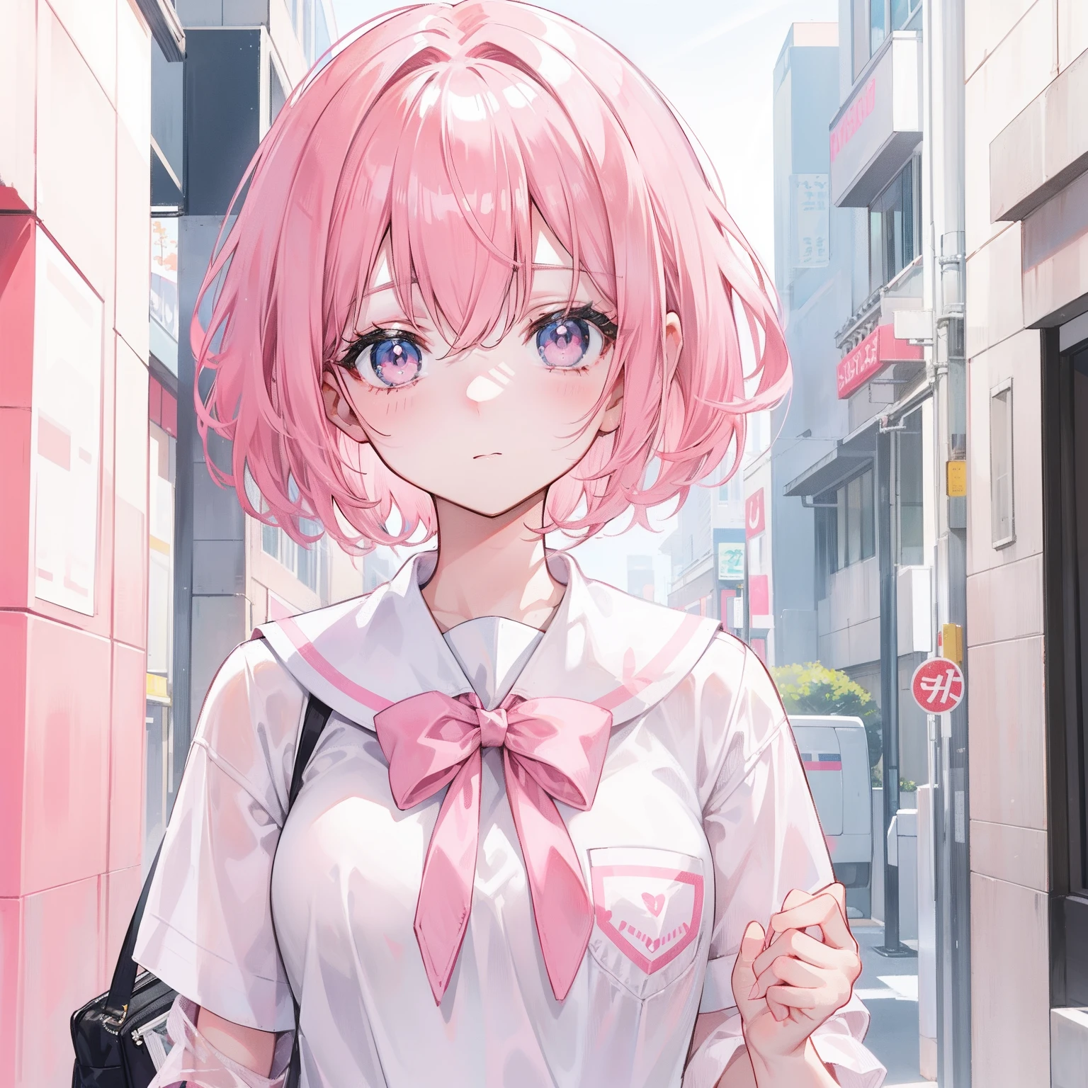 Realistic、1girl、fluorescence　pink hair、blue eyes、(eye focus:1.3,face focus:1.3,upper body:1.5),(gradient eyes:1.3),(blouse,No sleeve)、(口を開けて笑う:1.3),(seductive smile:1.3),short hair、cute face,portrait,
