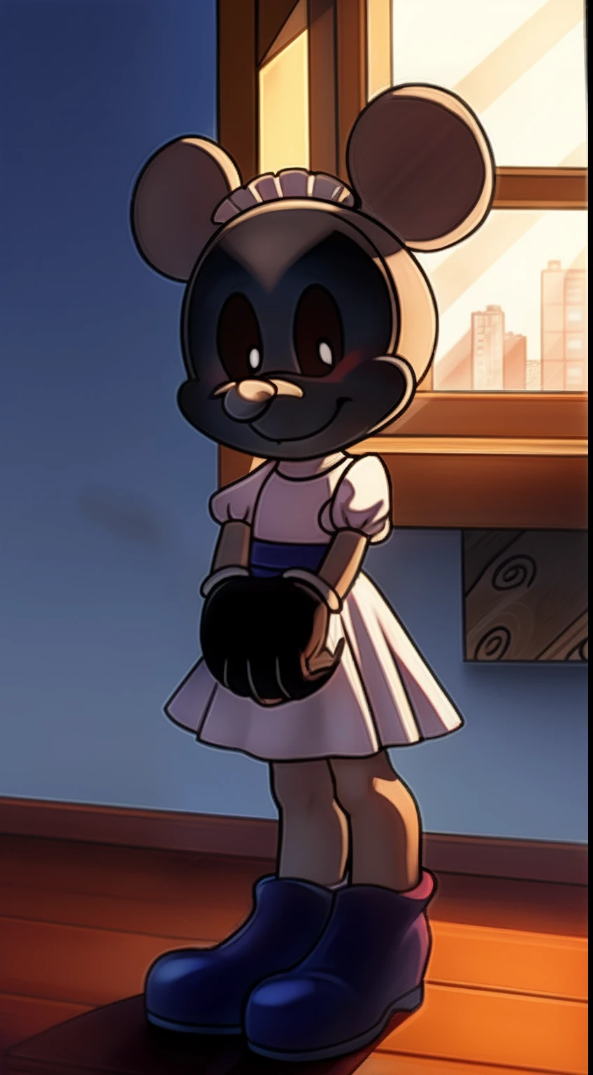 Mickey Mouse, black gloves, black eyes with white pupil, blue shoes, full body, black maid dress, white tiara, shy expression, expressive, blushing harder, dynamic angle, bedroom, window, sunrays, furniture, detailed art, intricate details