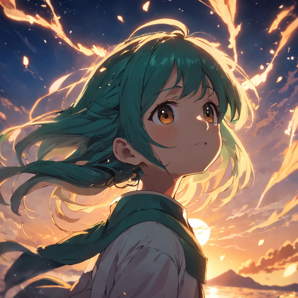 obra-prima, melhor qualidade, filme ainda, izuko midoriya, floating into the sky, close-up, brilhante, feliz, Soft lighting and Warm, sun sunset, (Sparks: 0,7)