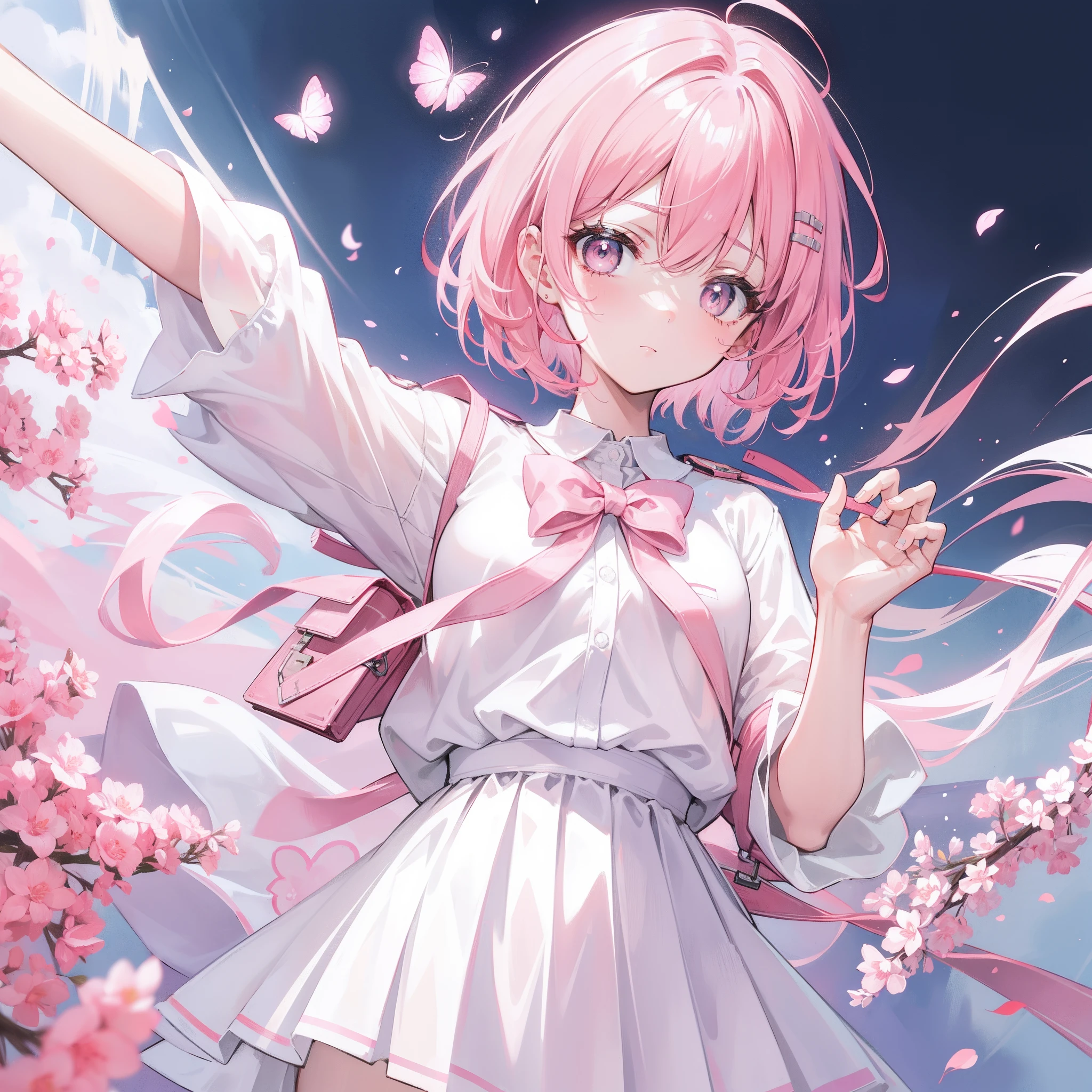 Short pink hair with a sense of transparency,Wearing a milky white ultra-light pink school uniform,Light pink pupils,Super cute sweet girl