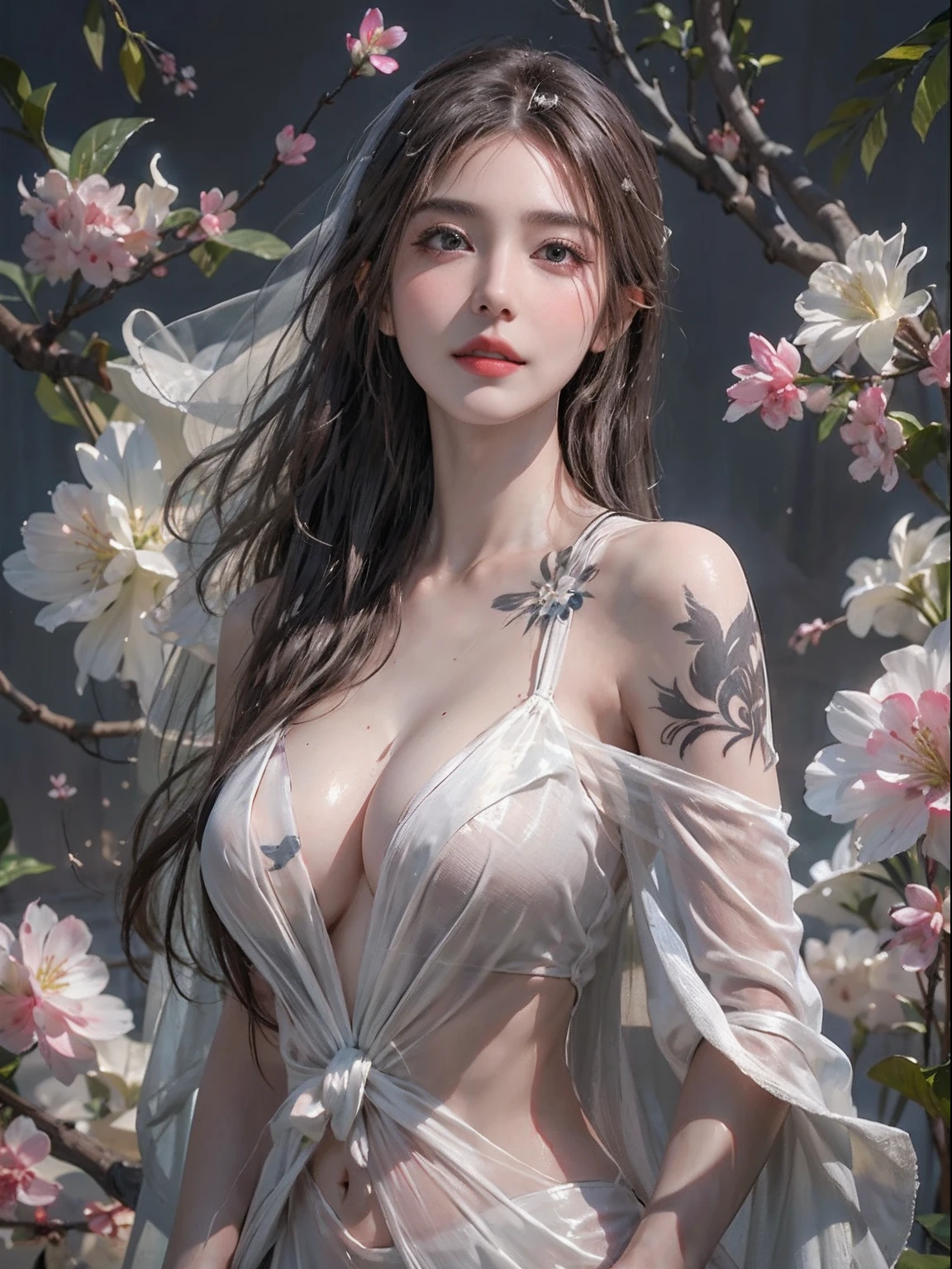 Photorealistic, High resolution, Soft light,1womanl, Solo, hips up high, glistning skin, (Detailed face),The tattoo, Jewelry, Wedding See-Through Gown, cherry blossom, Night, White wavy hair, Beautiful Soldier, An eye that invites the viewer, Lover's perspective, inviting expression, Sexy smile, Perfect Style, Perfect balance, Detailed skin, Naughty gaze, Chest visible、see -through、Sheer feeling、Wet skin、Wet hair、Spread hair、Spread Stall、Wet clothes、sodden、See-through Halter neck、See-through gowns、Navel Ejection、the back is open、Show your back、Dynamic Posing、Fingertips are lips、A sexy、