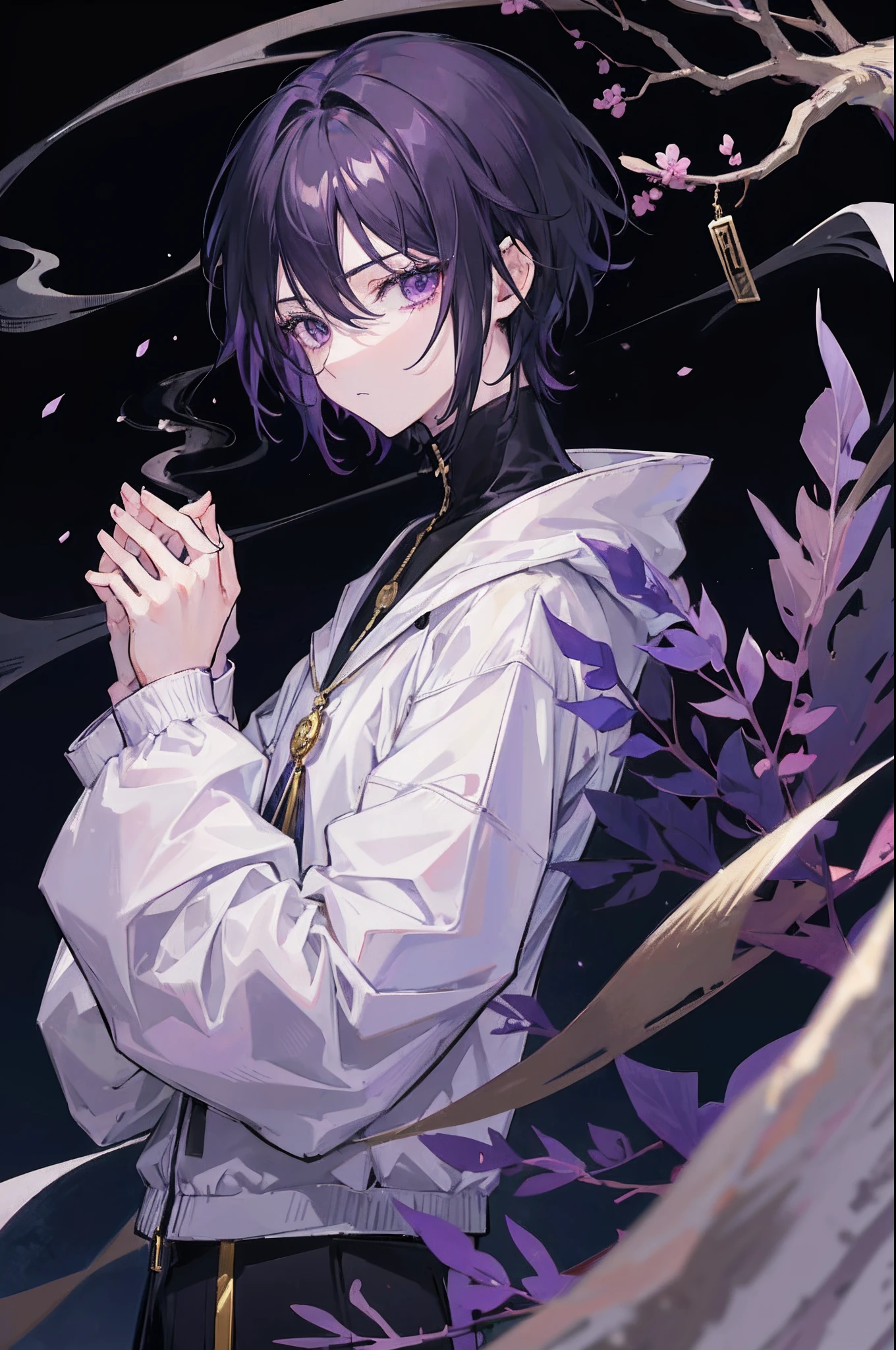 (1 boy) anime character, male, very dark black hair of short length, purple eyes, black eyes, tall, wearing a black turtleneck, a white and purple-coloured coat, with gold and smoke-styled accents, metal pendent, hands together praying, 8k, sad, looking down, Sakura tree, night