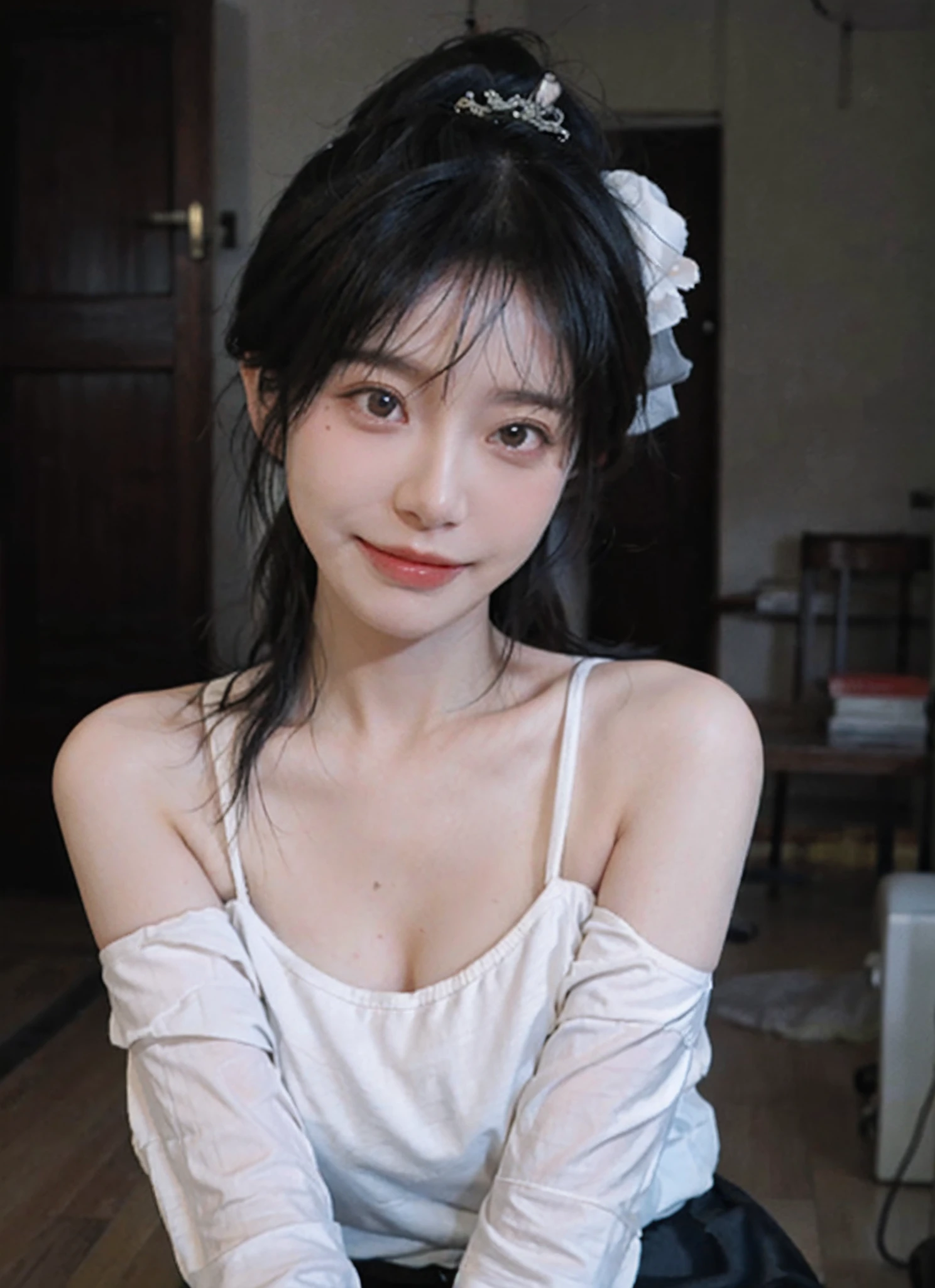 best qualtiy, 超高分辨率, (realisticlying:1.4),cute hairpin,Baoyu Girl,Stand in the wedding hall,(flatchest:1.1) ,A pair of clear and moving peach blossom eyes,Royal Sister,sunshine on face,Big wavy hairstyle,(choker necklace:1.2),(Fair skin:1.4),a sense of atmosphere,a beauty girl, Charming smile,head straight-looking at viewer, closeup cleavage ,(Photorealistic:1.4),1girll,Sexy,(Upper body:1.4),(Wet body),(:1.2)