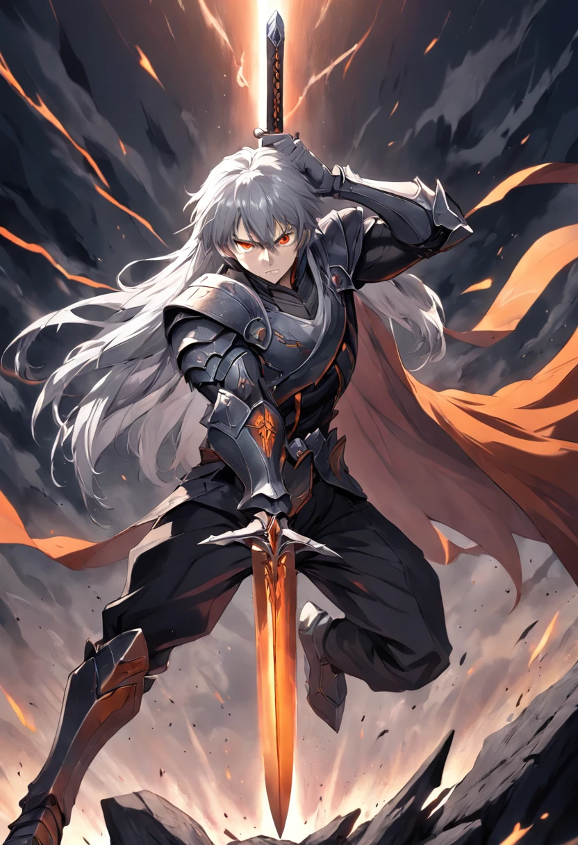 1 man, , muscular, 1.65 height, long gray hair with white streaks, orange eyes, cape, epic armor, dark clothes, sword slays dragons