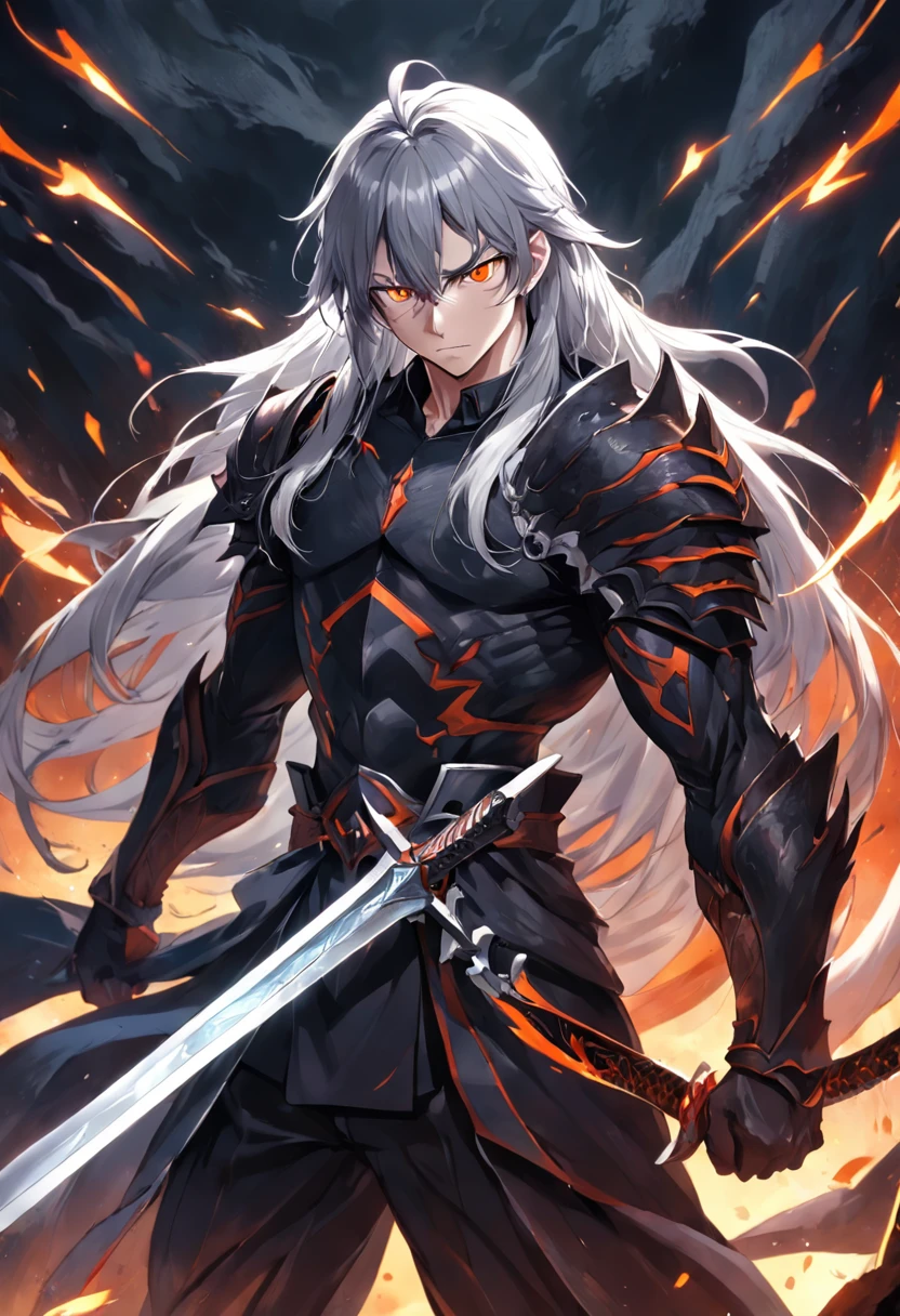 1 man, , muscular, 1.65 height, long gray hair with white streaks, orange eyes, cape, epic armor, dark clothes, sword slays dragons