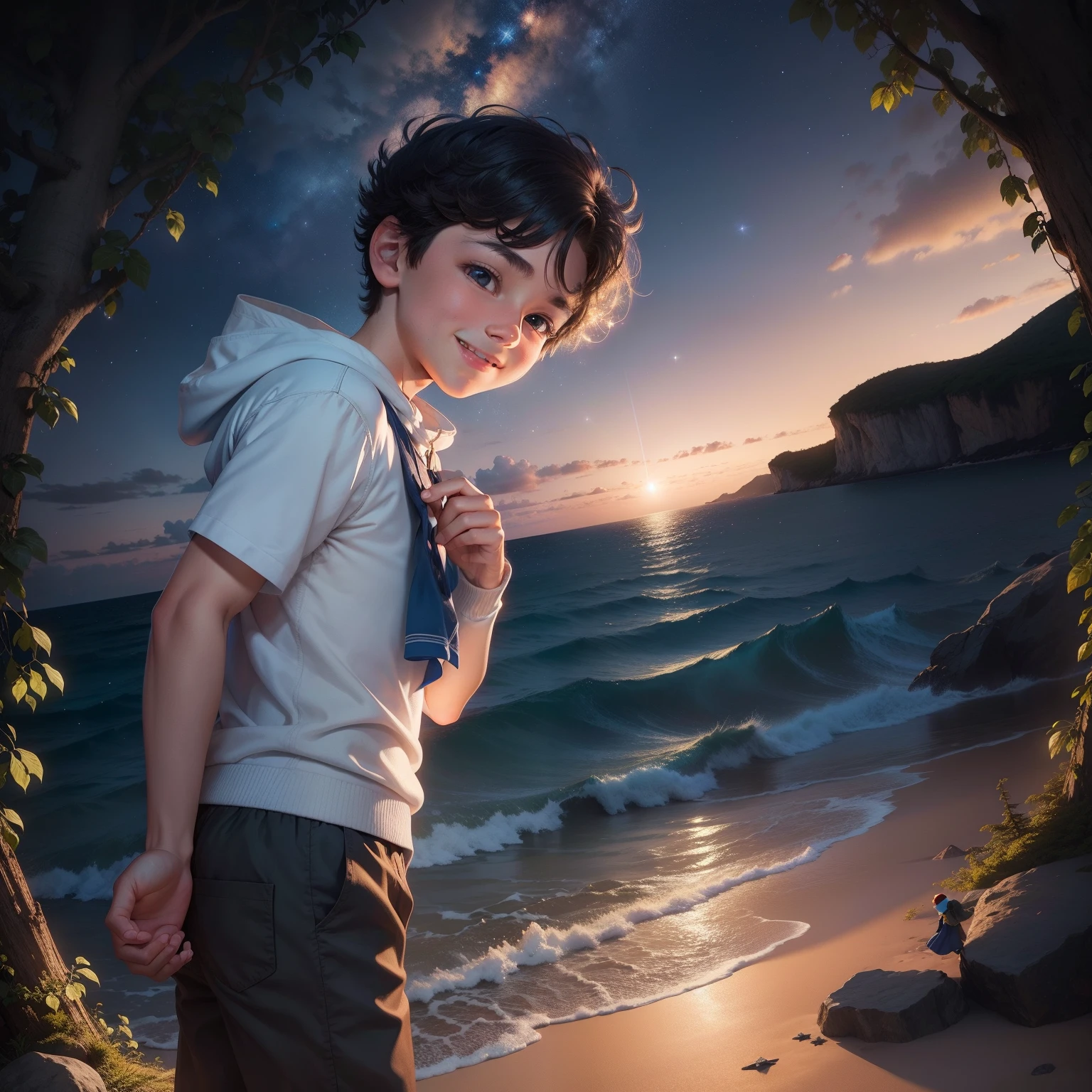 Create an illustration that depicts the boy finding the Star of Hope in an enchanted setting on the island. He must be looking at the sparkling star with a smile of deep connection, while the surrounding magical environment adds a touch of mystery