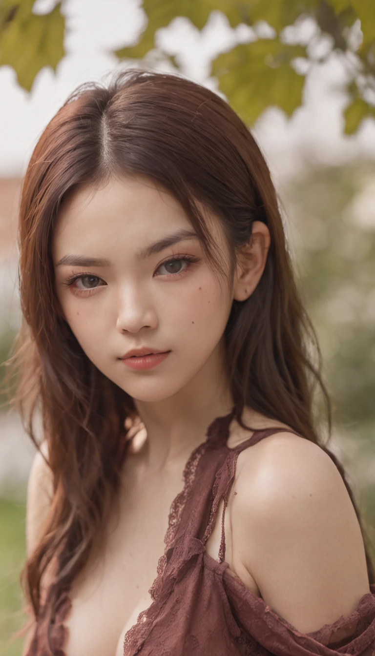 Small eyes、double tooth、Long rolled hairstyle、Little Fat Woman、20yr old、A dark-haired、angry looking face、Autumn landscape、Hair illuminated by the sun、hitornfreckles、tiny chest、Round Ass、Camisole、undergarment、full bodyesbian