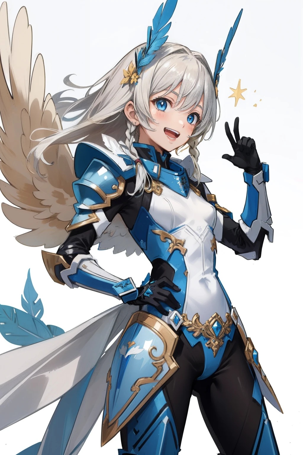 (master piece, Best Quality), Intricate details, valkyrie, kawaii, Happy, (((Laugh))), Villainous smile, Hand up, Looking at Viewer, Feather Headgear, Flower meadow, (((flat breast))) flying in to the sky
1 girl in, Solo, Portrait, Plutinum Blonde Hair, drooping iceblue eyes, Silver Single Thigh, White Independent Single Sleeve, iceblue gloves, Single braid,
mecha musume, White bodysuit, Silver Reinforced Suit, Mini Feather Wings, iceblue pantyhose, full armor, flower decoration, equip sword,