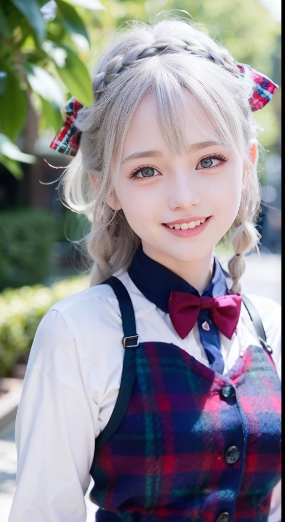 (ultra-detailliert), Tartan check jacket,high-school uniform、Blue eyes,The upper part of the body、a closeup、faces、(A smile:1.5),(facing front:1.2), 20yr old, teens girl,no tail,(no tail),2D, masterpiece, top-quality, animesque, A detailed eye, A detailed face, girl with, Only 1 person,Silver medium hair, (Silvery head hair), Ear Hair, small tits, Single braid, (Single braid), (Side braid), Pink ribbon, Ribbon around the neck, Background bokeh