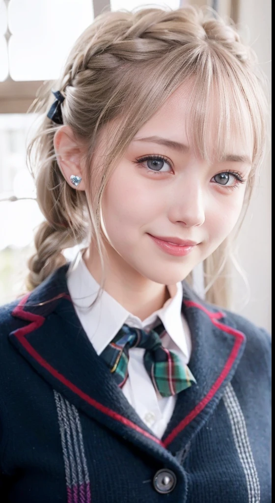 (ultra-detailliert), Tartan check jacket,high-school uniform、Blue eyes,The upper part of the body、a closeup、faces、(A smile:1.5),(facing front:1.2), 20yr old, teens girl,no tail,(no tail),2D, ​masterpiece, top-quality, animesque, A detailed eye, A detailed face, girl with, Only 1 person,Silver medium hair, (Silvery head hair),  Ear Hair, small tits, Single braid, (Single braid), (Side braid), Pink ribbon, Ribbon around the neck, Background bokeh