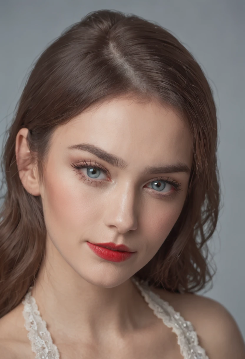 retrato de uma mulher, com olhos azuis claros e cabelo vermelho, pele branca