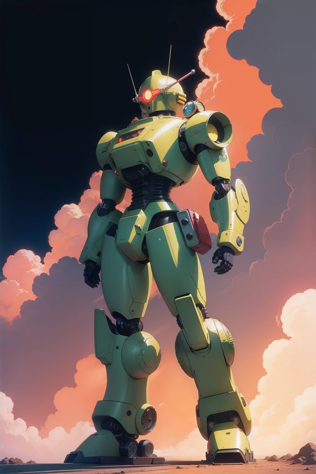 90’s Anime style robot made from Tank Parts. in the style of 90's vintage anime, surrealism, akira. anime line art.