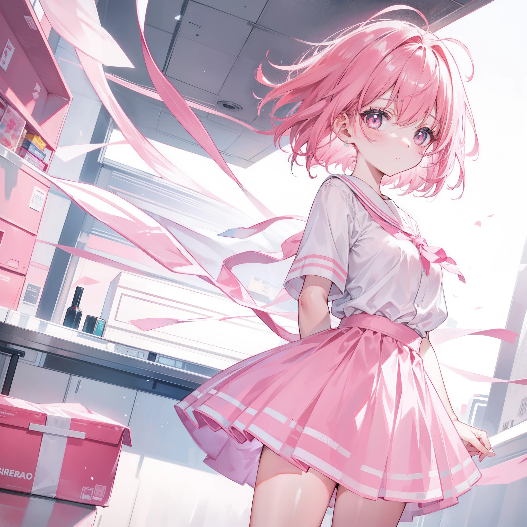 Short pink hair with a sense of transparency,Wearing a milky white ultra-light pink school uniform,Light pink pupils,Super cute sweet girl