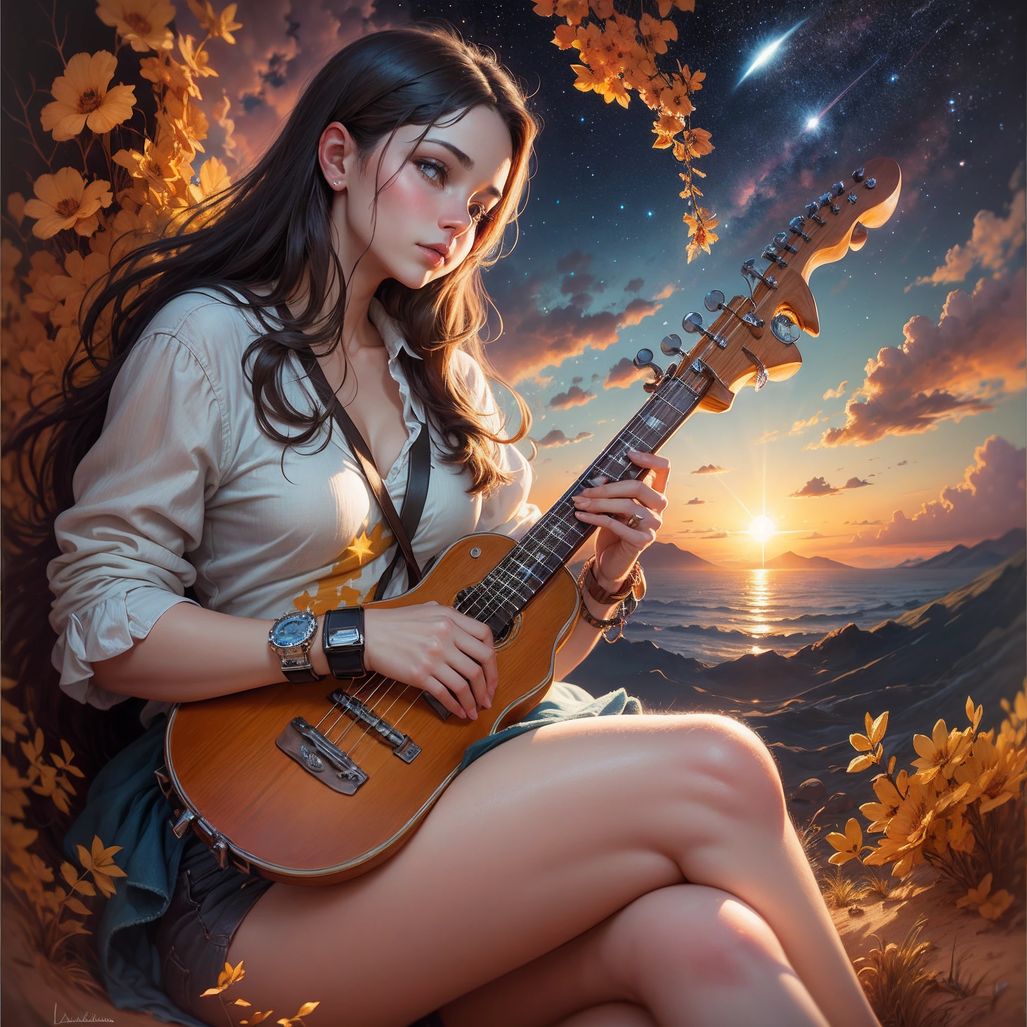 um anjo tocando trombeta, ao lado de um homem feito de estrelas e universo, A Melted Watch, sun sunset, nuvens brilhantes, montanhas ao fundo, oil-painting, realismo, pintura renascentista. --auto --s2