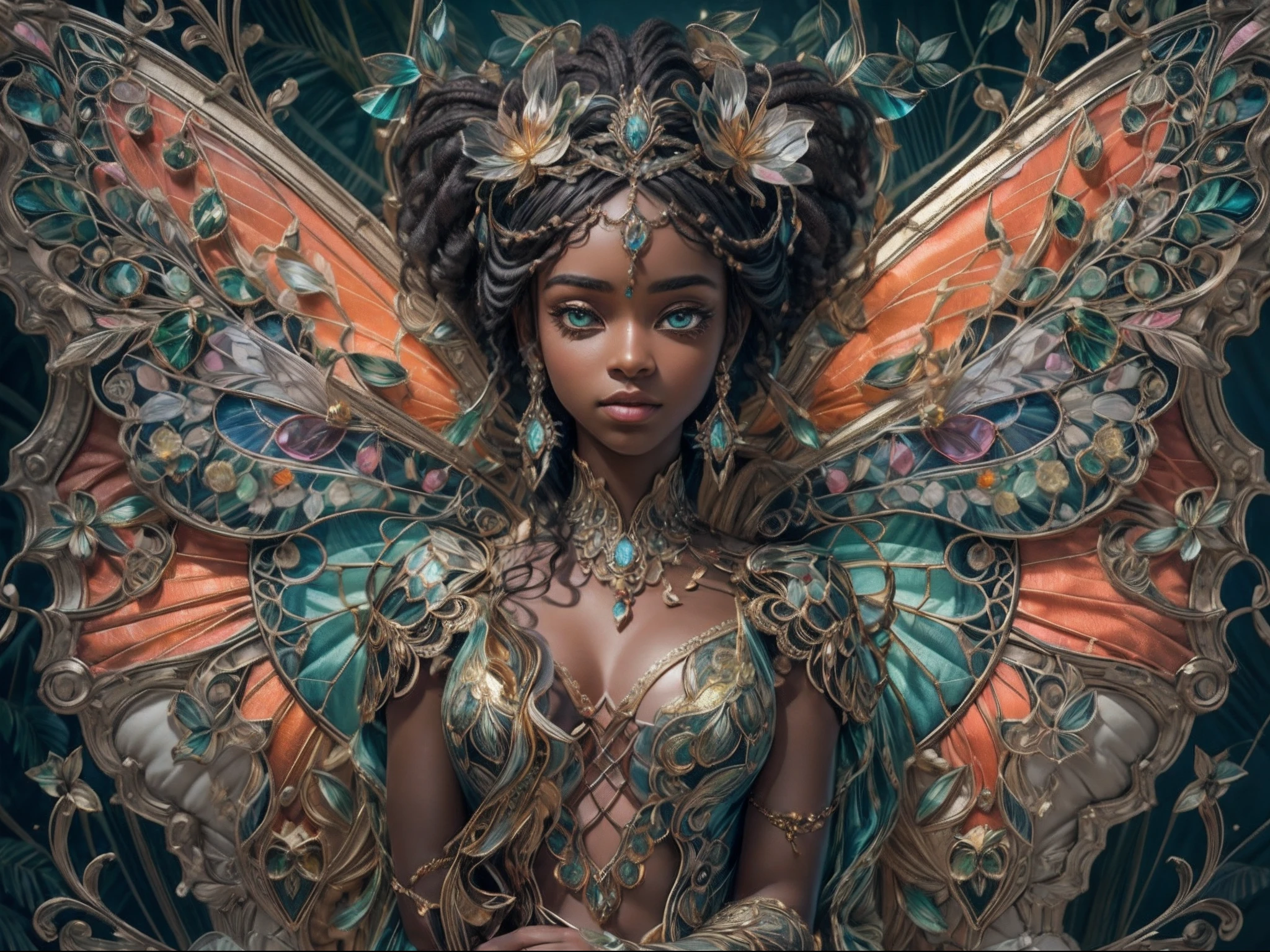 This is an elegant and ornate fantasy masterpiece with a lot of shimmer, glitter, and intricate ornate detail. Generate a petite Jamaican woman resting on a gilded and flowered garden swing at night. ((((Her eyes important and are ultra-detailed with intricate realistic shading and bold, bright hues.)))) She is a beautiful and seductive butterfly queen with stunning curly black hair, (((incredibly realistic and detailed dynamic eyes in bright colors with realistic shading))). She wears a delicate and elegant crown and a gown spun from luxurious gossamer silk and satin with subtle, intricate, and hand-embroidered bodice detailing as well as subtle floral detailing and gold silk butterfly sleeves. Her face is lovely and lonely. Include glow-in-the-dark flowers, lots of particles, highly realistic fantasy butterflies with translucent jewel-toned wings and fine detailing, and glow. The artwork is done in the style of Guviz and brings to mind masters in the genre such as trending fantasy works on Artstation and Midjourney. Camera: Utilize dynamic composition techniques to emphasize etherealness and delicate detail. The colors in this artwork are saturated, romantic, and rich.