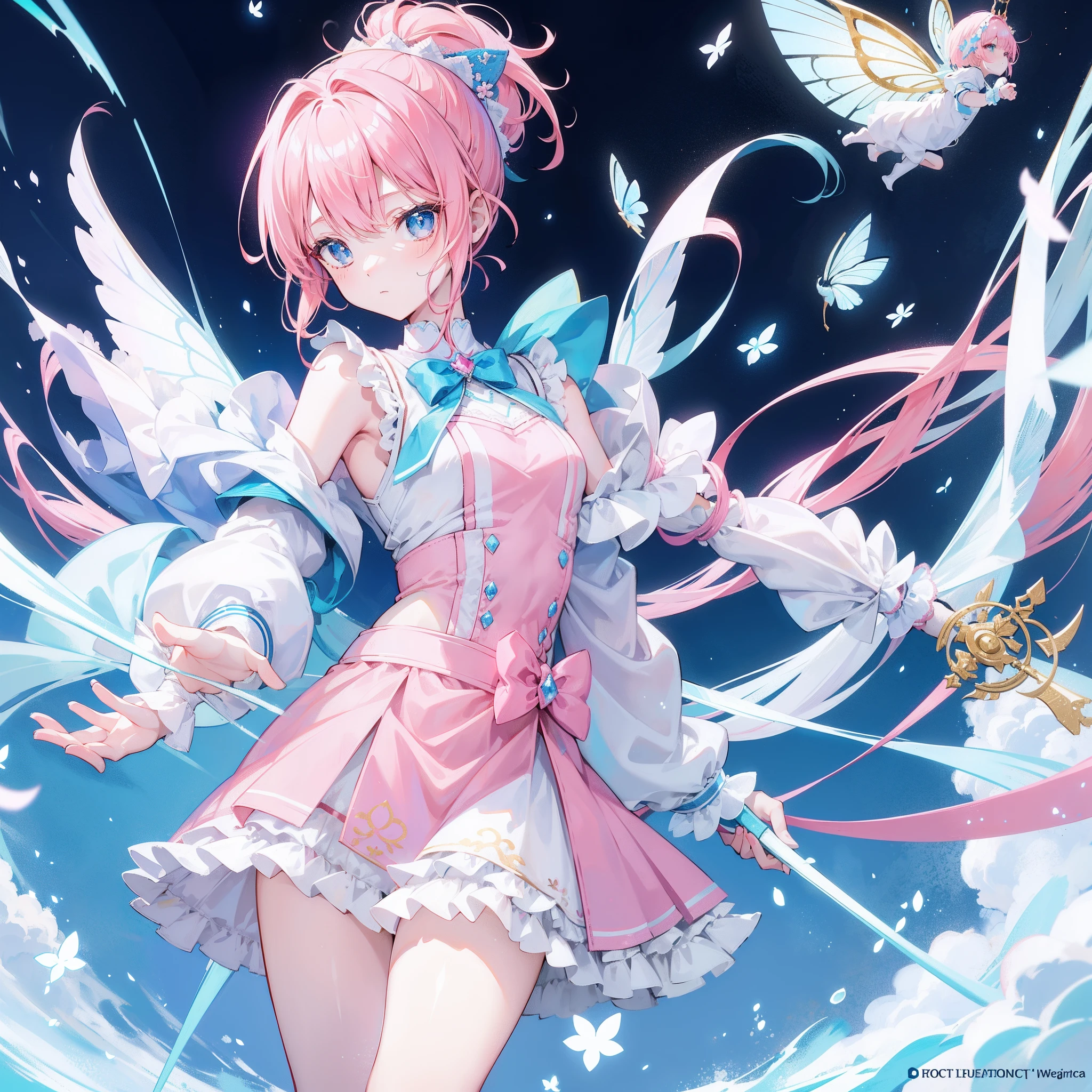 Short pink hair with a sense of transparency，Wearing a milky white ultra-light pink school uniform，Light pink pupils，Super cute sweet girl with long light orange hair，Pink bow，Fairy braids，Nurse's uniform with slightly blue hands，White figure eight bangs，Fairies in soft clothes flutter blue and white yarn，She is a fairy-like sword cultivator girl with slightly blue hands，White figure eight bangs，Fairies in soft clothes flutter blue and white yarn，She is a fairy-like sword cultivator girl with pink and yellow hair，High ponytail，Jacket school uniform，Slim waist, Flat chest，Sweet cute girl with slightly blue hands，White figure eight bangs，Fairies in soft clothes flutter blue and white yarn，She is a fairy-like sword cultivator girl