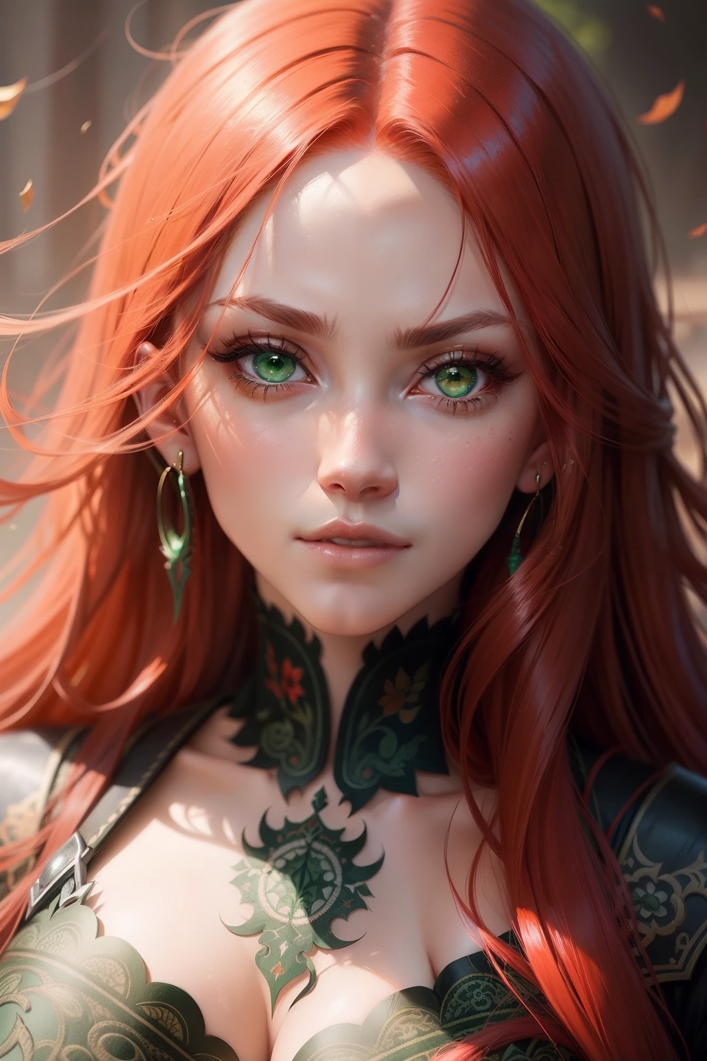 Close up portrait of woman with long red hair and green eyes, in style of wlop, intricate wlop, Gwaitz-inspired art