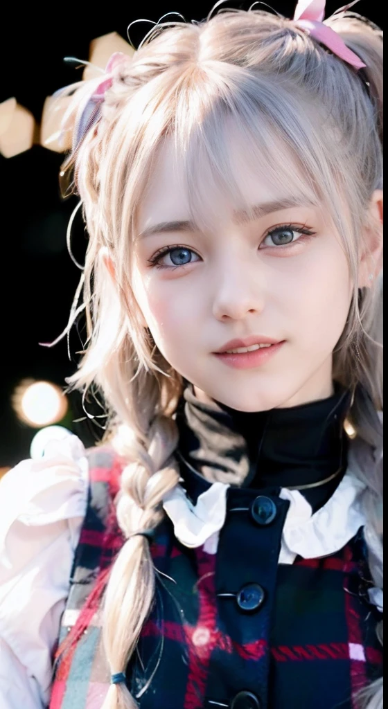 (ultra-detailliert), Tartan check jacket,high-school uniform、Blue eyes,The upper part of the body、a closeup、faces、(A smile:1.5),(facing front:1.2), 20yr old, s girl,no tail,(no tail),2D, masterpiece, top-quality, animesque, A detailed eye, A detailed face, girl with, Only 1 person,Silver medium hair, (Silvery head hair), Ear Hair, small tits, Single braid, (Single braid), (Side braid), Pink ribbon, Ribbon around the neck, Background bokeh