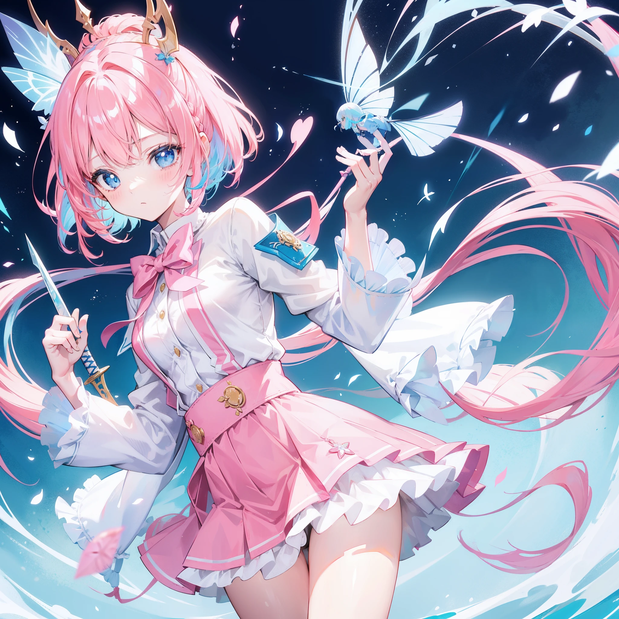 kawaii, anime, Cute, hyper quality, highly detailed, 8k, Clarity, Draw facial expressions in detail, pink eyes, light blue hair, bright, highlight on eyes, rainbow-colored light pours down, art tic, It's bright outside, infect one person, short hair, expose the whole body, light shines, wear a dress, underwater, upward glance,
