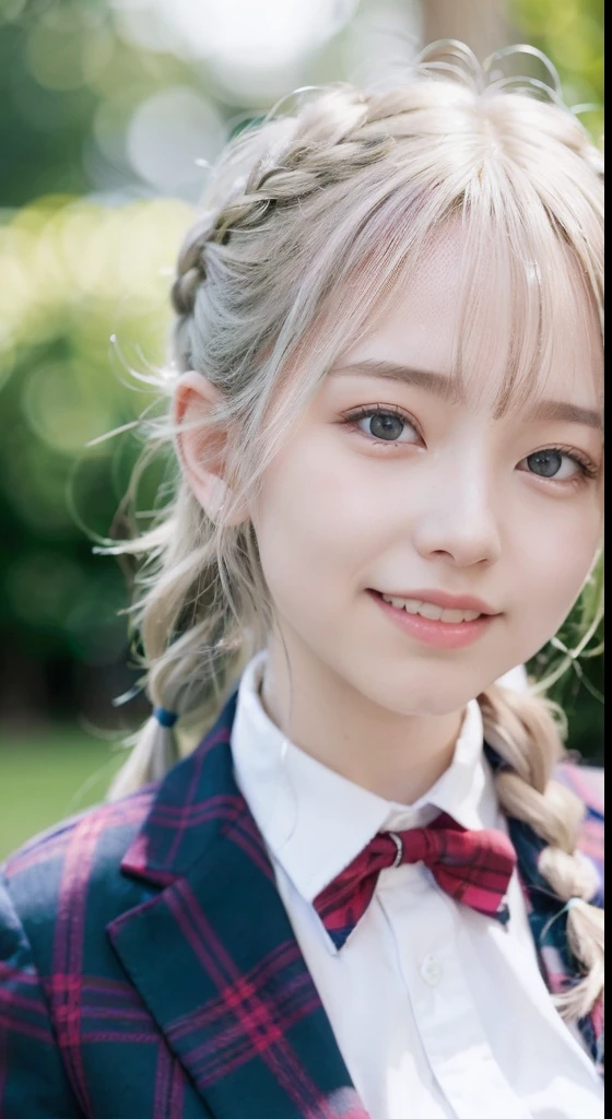 (ultra-detailliert), Tartan check jacket,high-school uniform、Blue eyes,The upper part of the body、a closeup、faces、(A smile:1.5),(facing front:1.2), 20yr old, teens girl,no tail,(no tail),2D, ​masterpiece, top-quality, animesque, A detailed eye, A detailed face, girl with, Only 1 person,Silver medium hair, (Silvery head hair),  Ear Hair, small tits, Single braid, (Single braid), (Side braid), Pink ribbon, Ribbon around the neck, Background bokeh