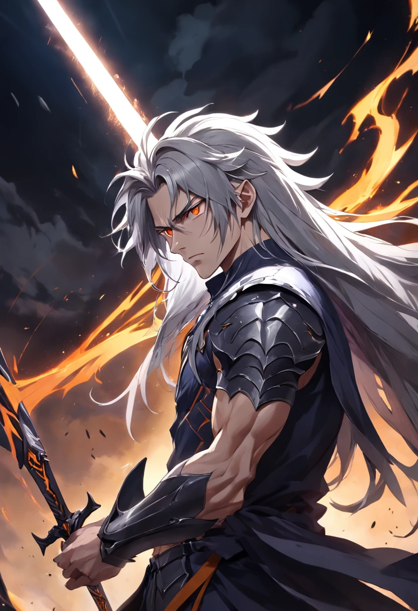 1 man, , muscular, 1.65 height, long gray hair with white streaks, peculiar hair style, orange eyes, cape, epic armor, dark clothes, sword slays dragons