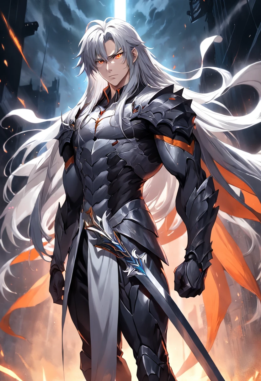 1 man, , muscular, 1.65 height, long gray hair with white streaks, peculiar hair style, orange eyes, cape, epic armor, dark clothes, sword slays dragons