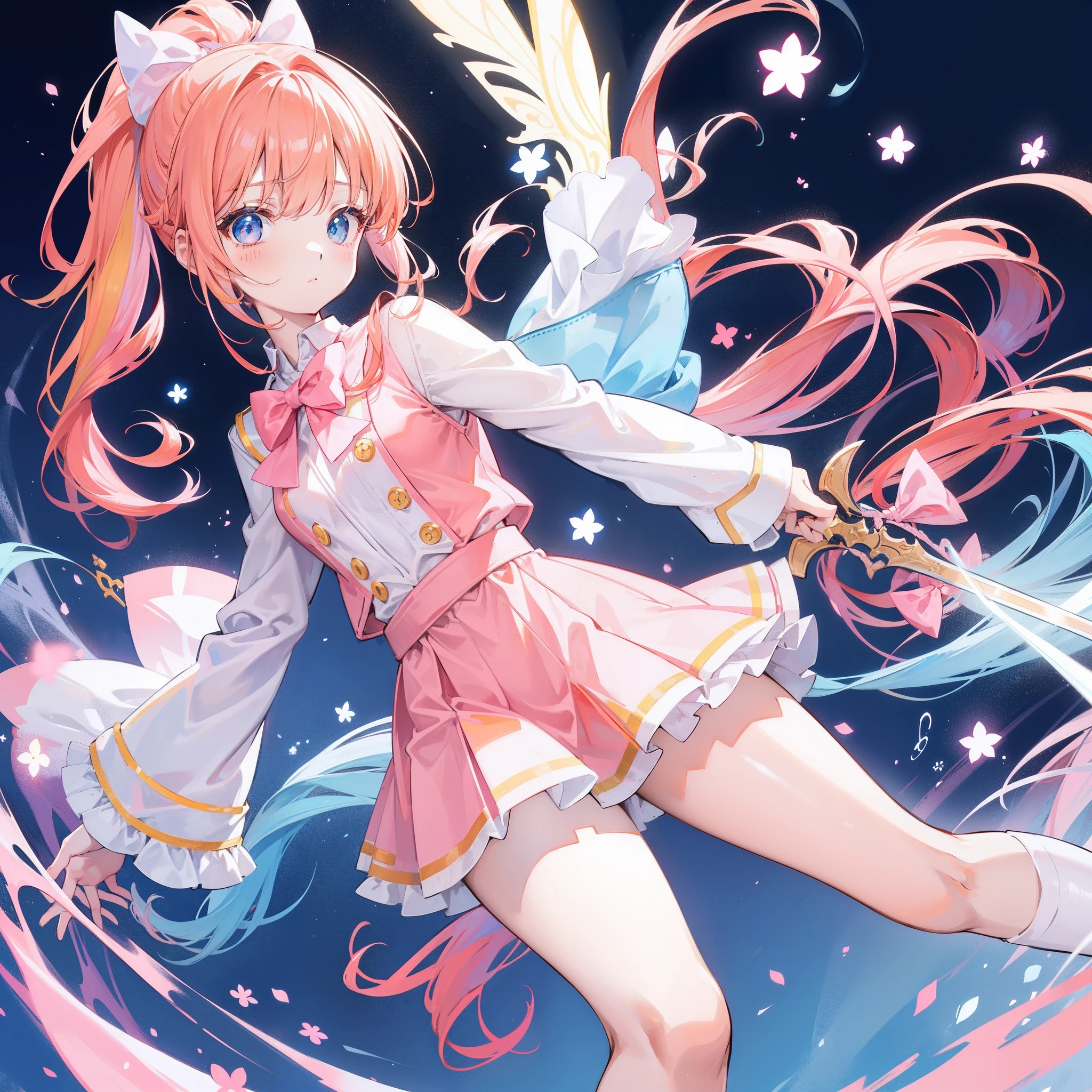 Long light orange hair,Pink bow,Fairy braids,Nurse uniform light orange long hair,Pink bow,Fairy braids,Nurse's uniform with slightly blue hands,White figure eight bangs,Fairies in soft clothes flutter blue and white yarn,She is a fairy-like sword cultivator girl with pink and yellow hair,High ponytail,Jacket school uniform,Slim waist, Flat chest,Sweet cute girl with slightly blue hands,White figure eight bangs,Fairies in soft clothes flutter blue and white yarn,She is a fairy-like sword cultivator girl with pink and yellow hair,High ponytail,Jacket school uniform,Slim waist, Flat chest,Sweet and cute girl