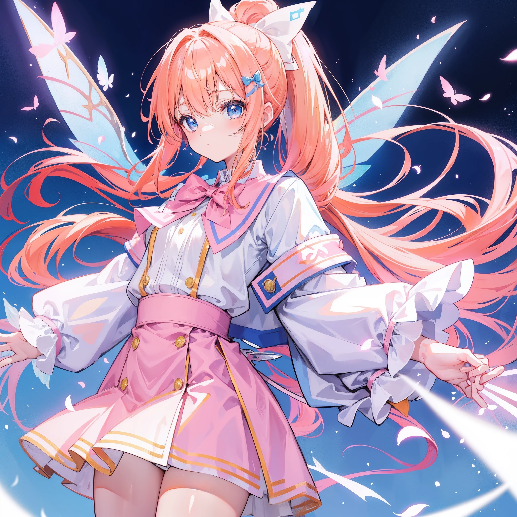 Long light orange hair,Pink bow,Fairy braids,Nurse uniform light orange long hair,Pink bow,Fairy braids,Nurse's uniform with slightly blue hands,White figure eight bangs,Fairies in soft clothes flutter blue and white yarn,She is a fairy-like sword cultivator girl with pink and yellow hair,High ponytail,Jacket school uniform,Slim waist, Flat chest,Sweet cute girl with slightly blue hands,White figure eight bangs,Fairies in soft clothes flutter blue and white yarn,She is a fairy-like sword cultivator girl with pink and yellow hair,High ponytail,Jacket school uniform,Slim waist, Flat chest,Sweet and cute girl