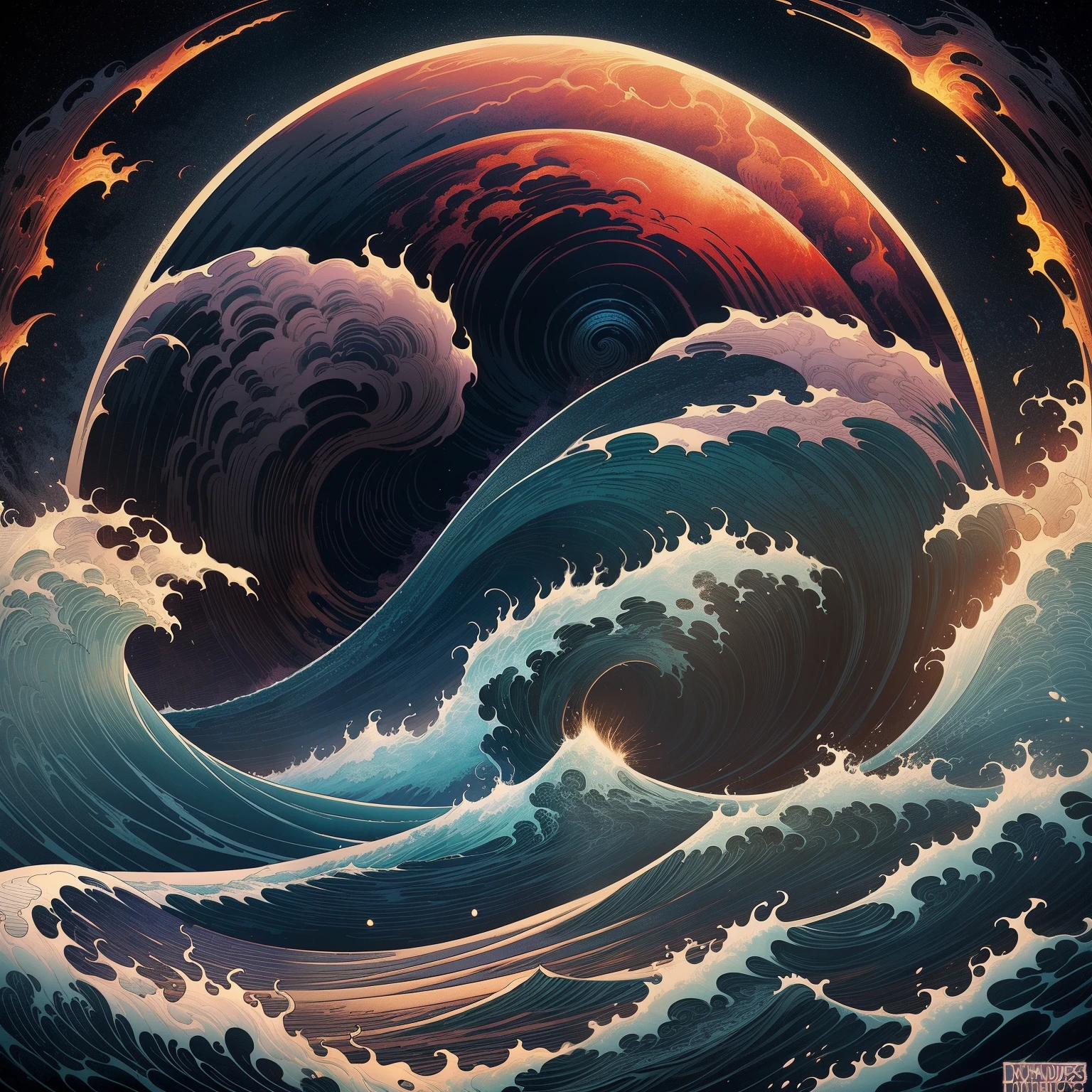 a painting of waves in front of a full moon, ( ( ( ( ( dan mumford ) ) ) ) ), beautiful render of tang dynasty, swirls of fire, inspired by Katsuchika Hokusai, praise the blood moon, ocean spray, shirt art, beautiful avatar pictures, by Ahmed Karahisari, eruption, beautiful and mysterious