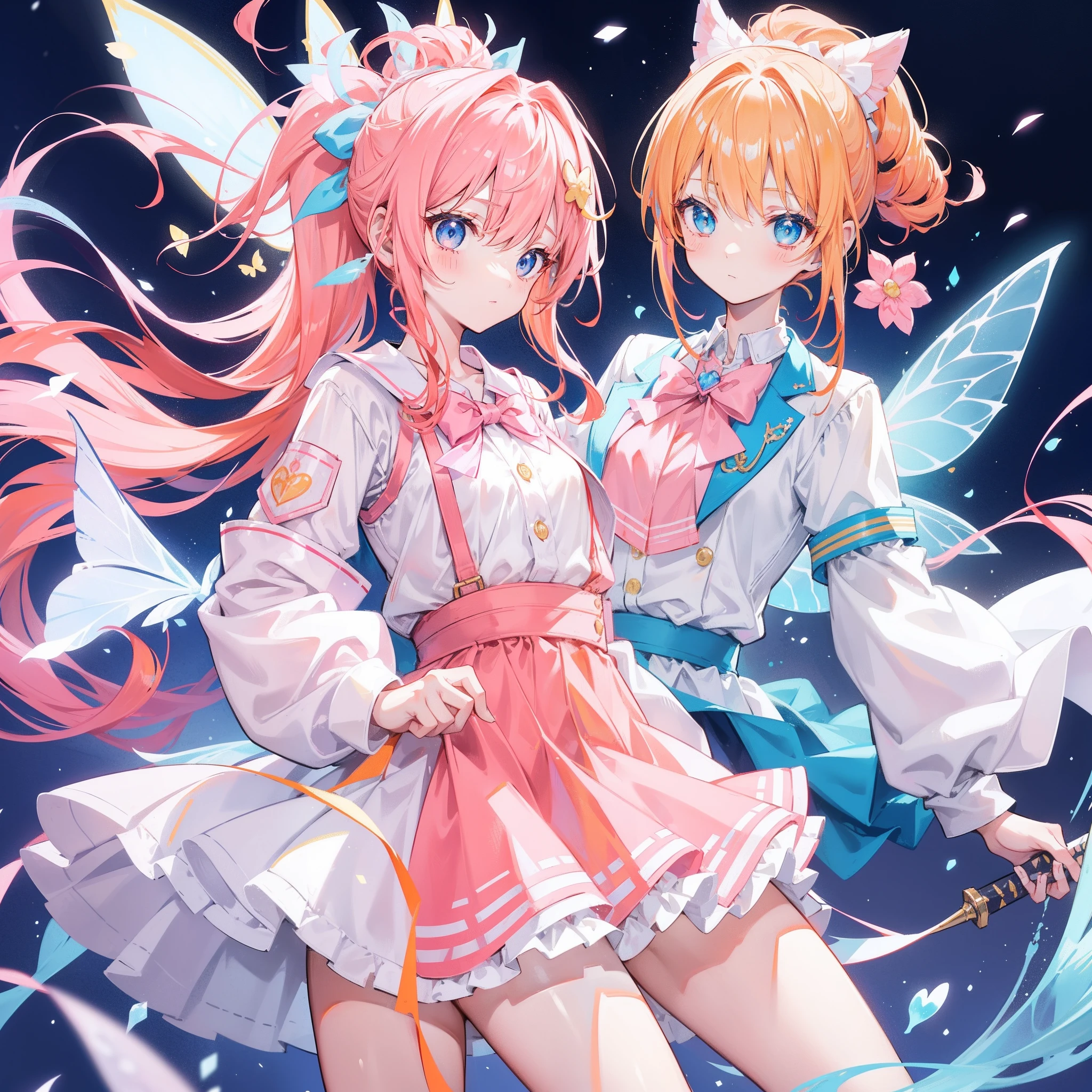 Long light orange hair，Pink bow，Fairy braids，Nurse uniform light orange long hair，Pink bow，Fairy braids，Nurse's uniform with slightly blue hands，White figure eight bangs，Fairies in soft clothes flutter blue and white yarn，She is a fairy-like sword cultivator girl with pink and yellow hair，High ponytail，Jacket school uniform，Slim waist, Flat chest，Sweet cute girl with slightly blue hands，White figure eight bangs，Fairies in soft clothes flutter blue and white yarn，She is a fairy-like sword cultivator girl with pink and yellow hair，High ponytail，Jacket school uniform，Slim waist, Flat chest，Sweet and cute girl