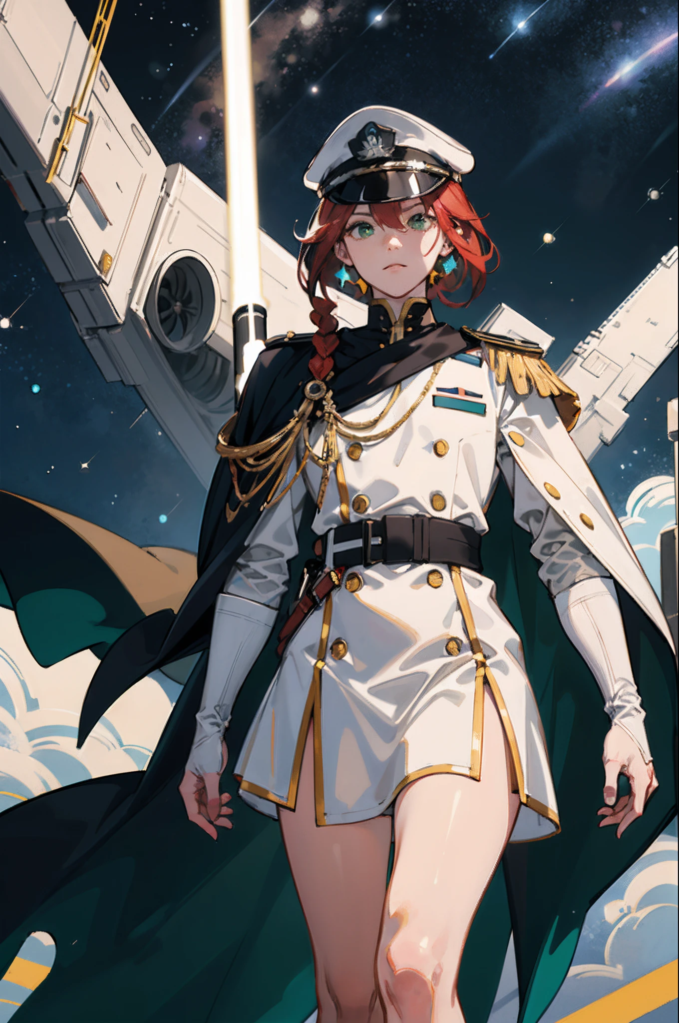 Muscular man has short blonde hair he is wearing an officers cap has the New Republic symbol on it and a space Force officers uniform is a dark blue has gold trim he has a a midnight blue hip cloak when a dark red and gold stripe around the bottom of the cloak and woman she has long red hair in a braid dressed in clone a cream color armor and a modeled green and and tan robes they both have lightsabers on their belts on a new Republic Star destroyer bridge Star in orbit of a pristine planet