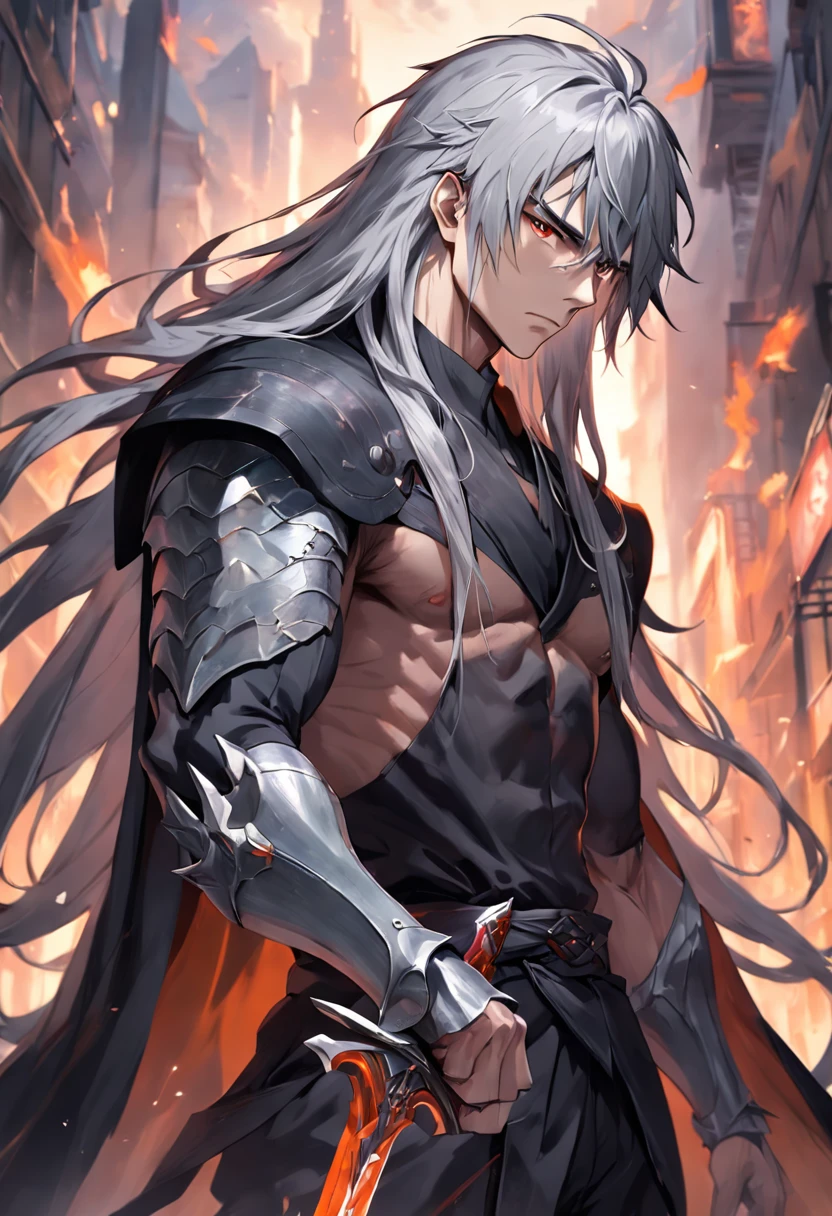 1 man, 17 years old, muscular, 1.65 height, long gray hair with white streaks, unusual hair style, orange eyes, cape, berserk armor, dark clothes, sword slaying dragons