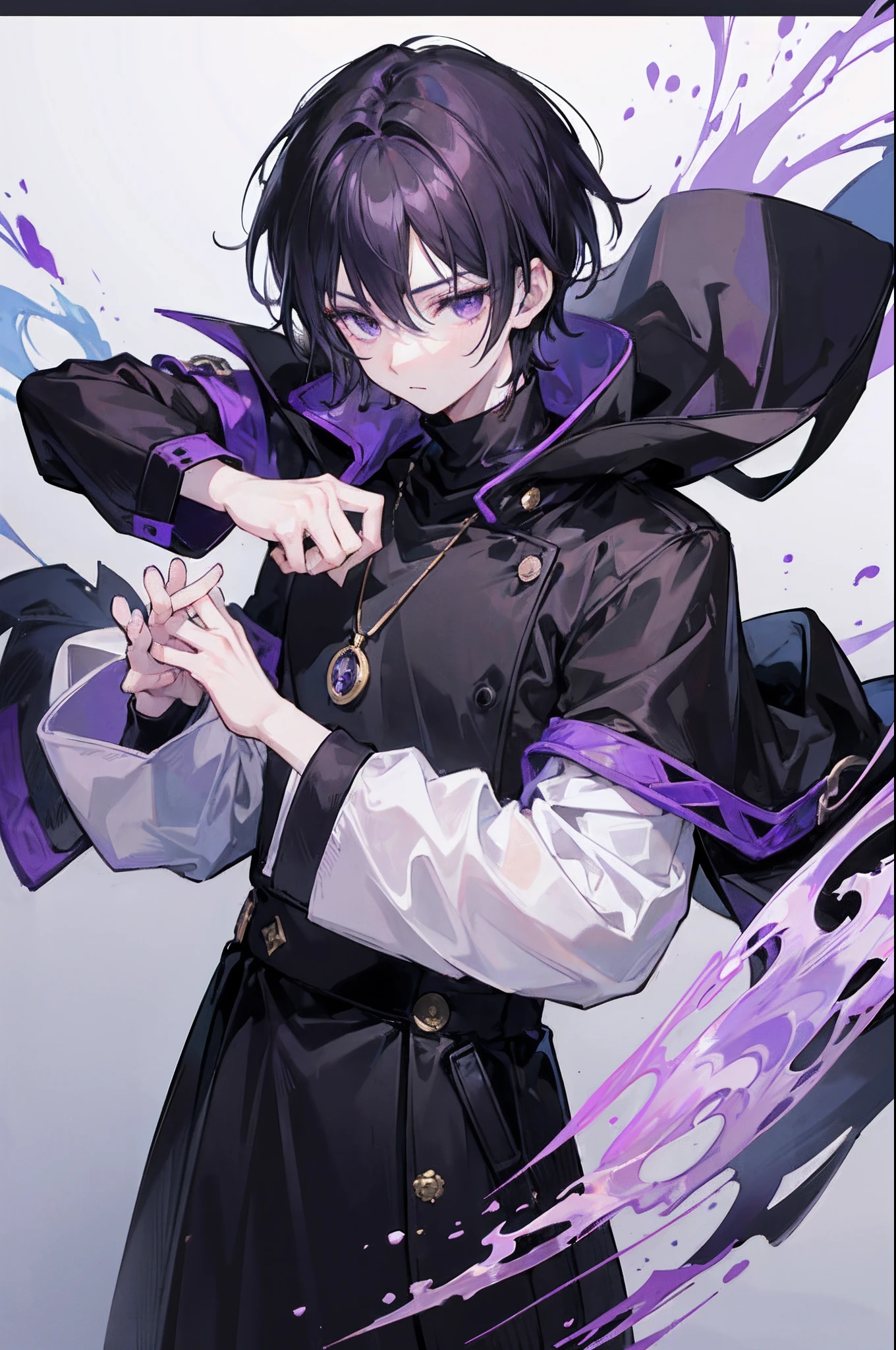 Handsome boys、With black hair wolf cut、Center parted bangs、
has piercings、3✕3の目、Black eyes, black hoodie, black pants、The background is a night view、starry sky